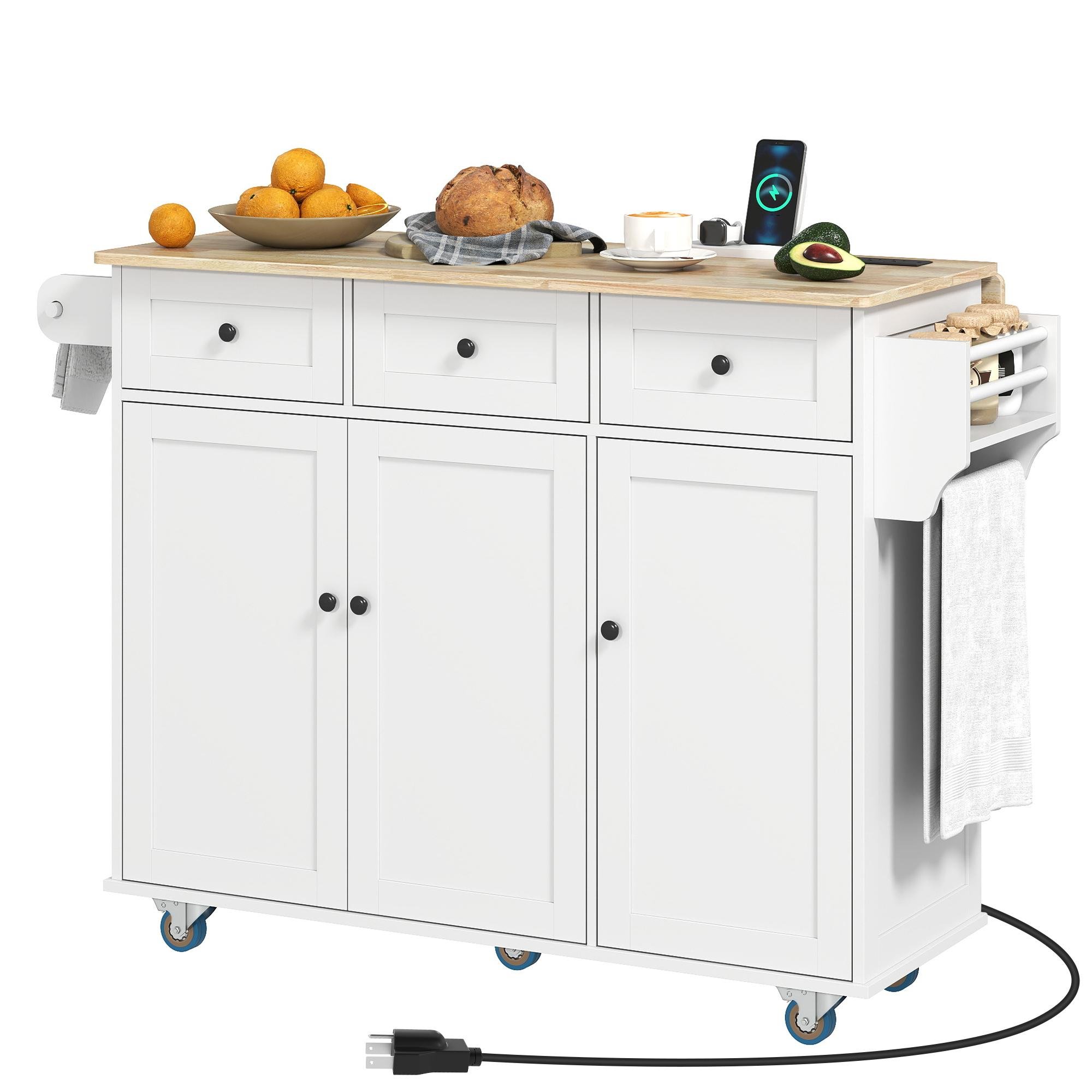 White Rubberwood Kitchen Island with Drop Leaf and Power Access