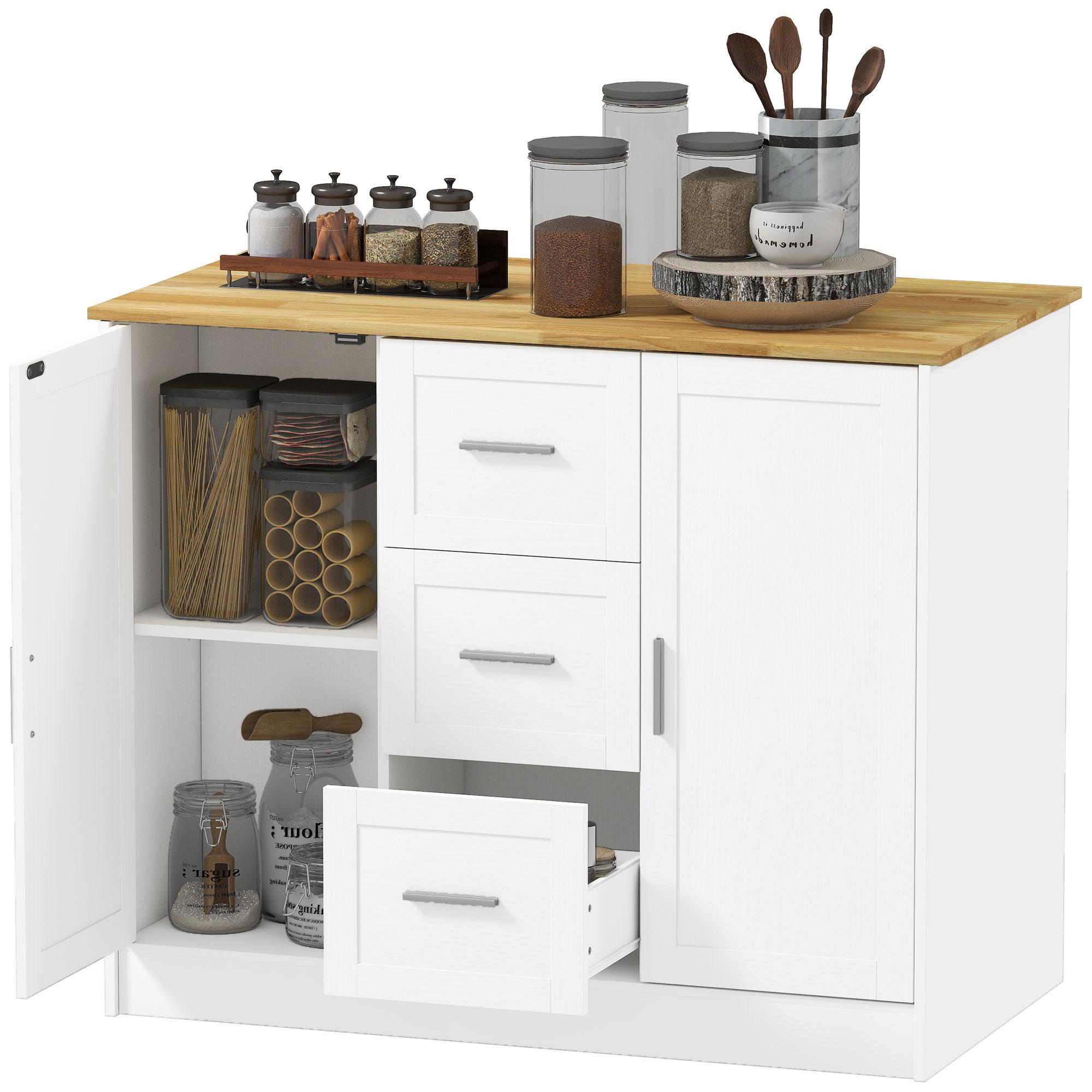 White Kitchen Island Three Drawers with Storage and Seating