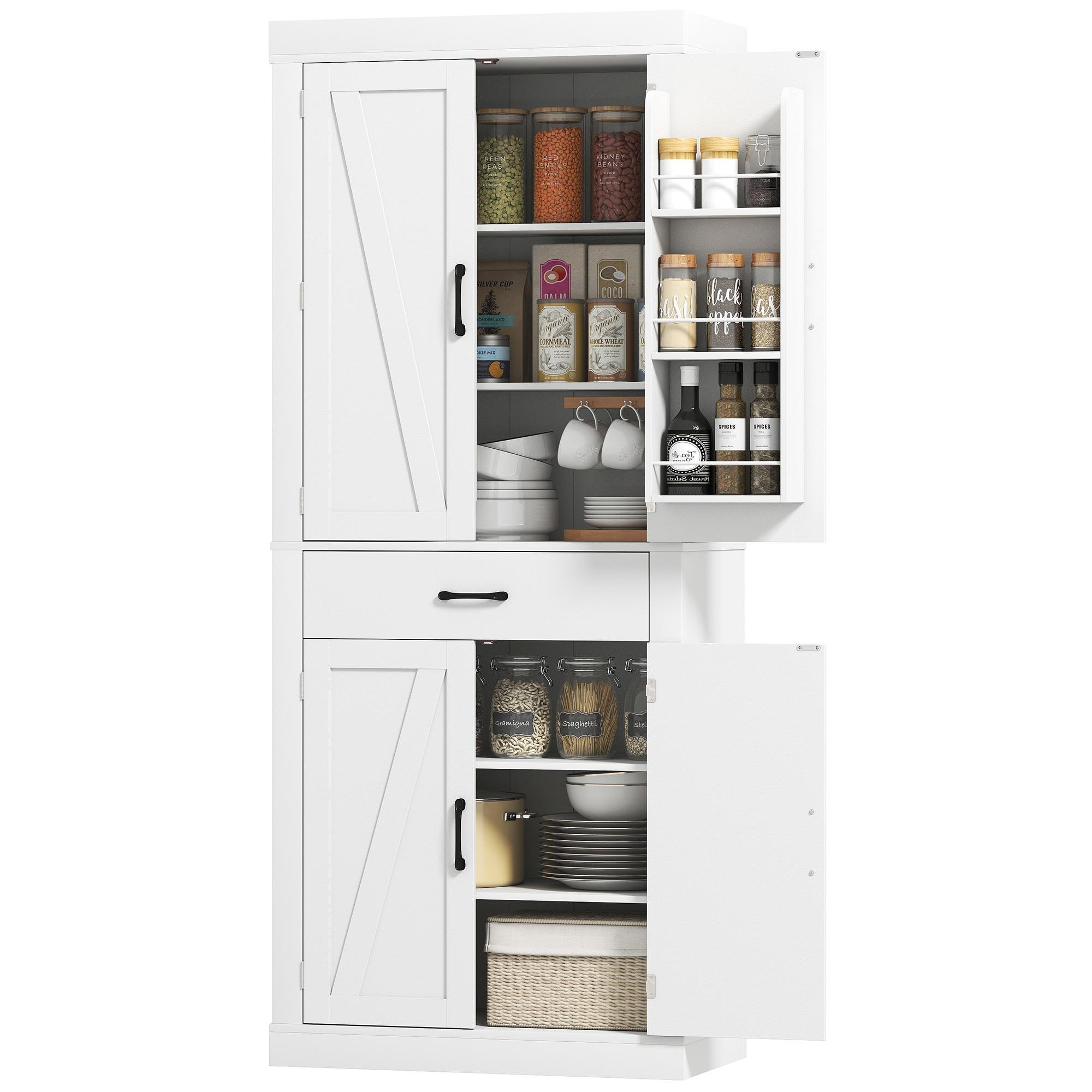 White Farmhouse Kitchen Cabinet with Barn Doors, 72.2-Inch Pantry