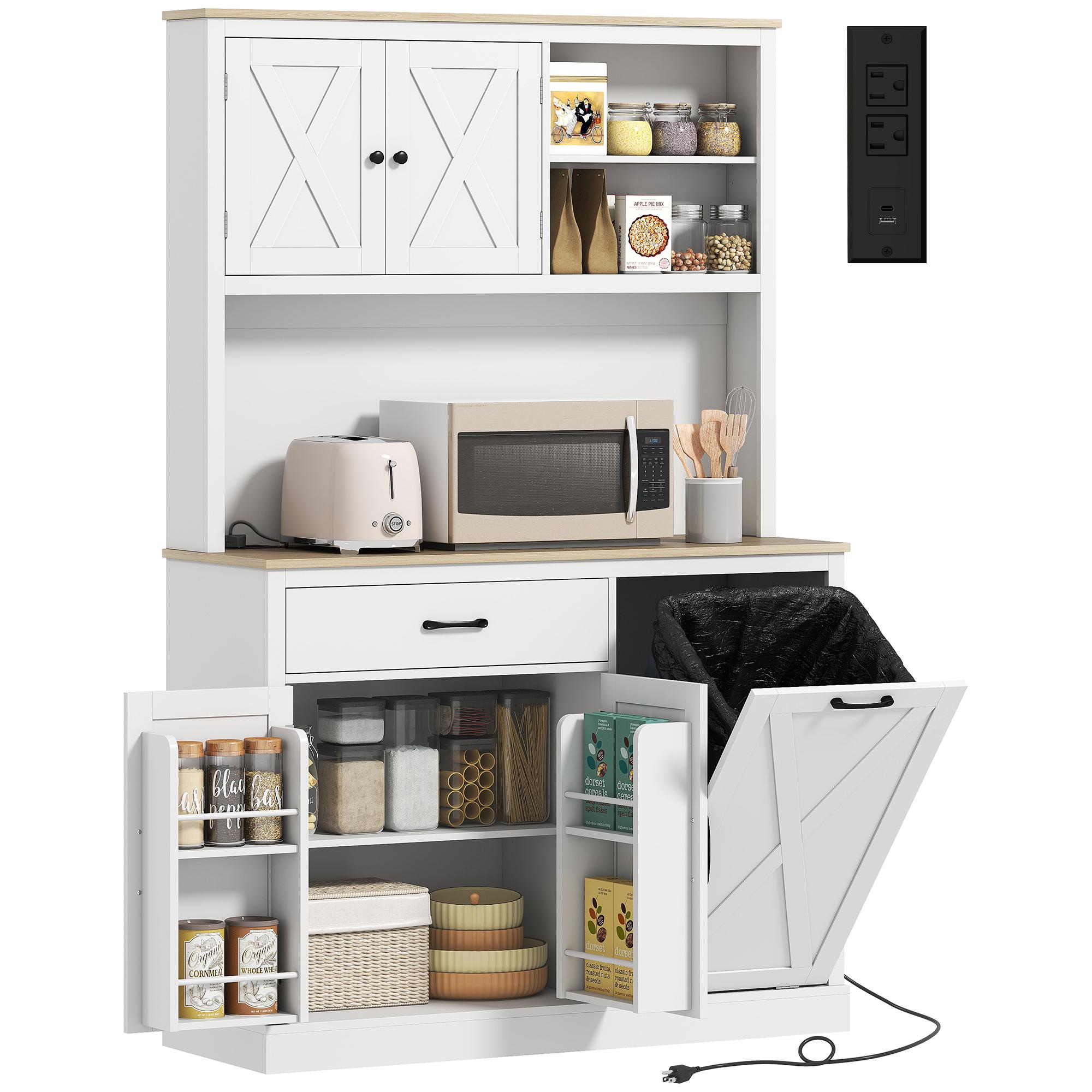 White Charging Station Pantry with Tilt-Out Bin Cabinet