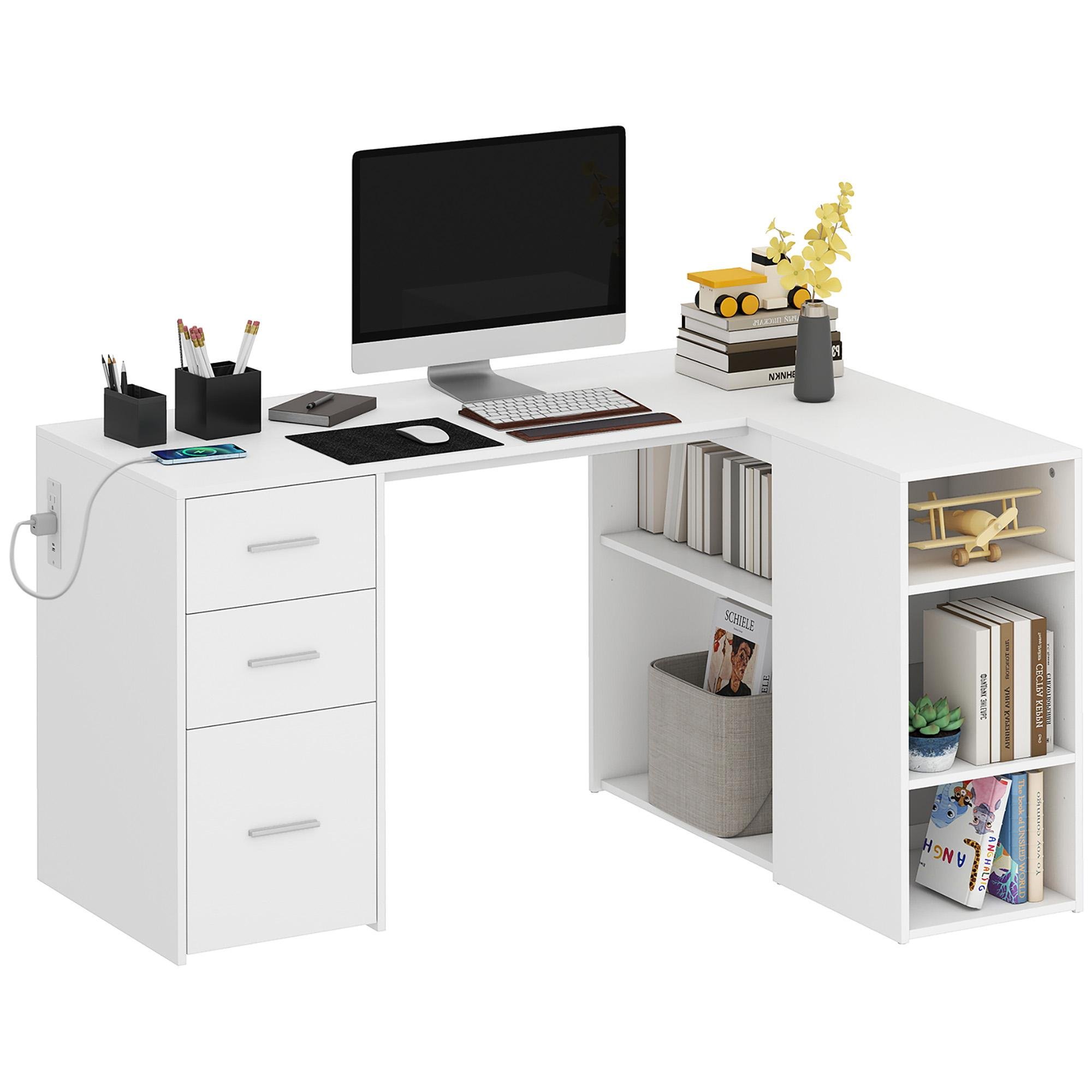 White L Shaped Desk with Built-In Charging Hub, 55.1-Inch