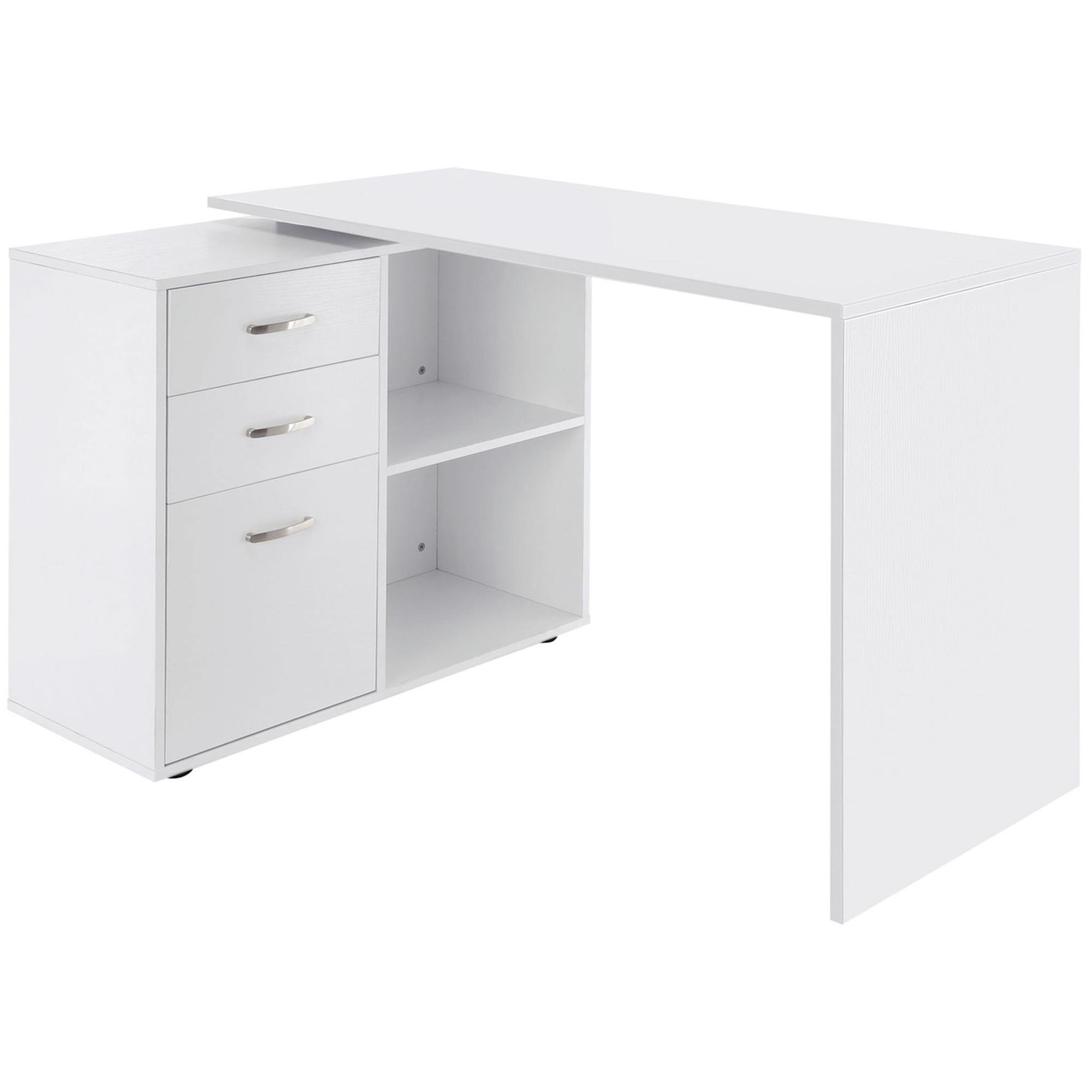 White Engineered Wood L Desk with Storage, 117 cm