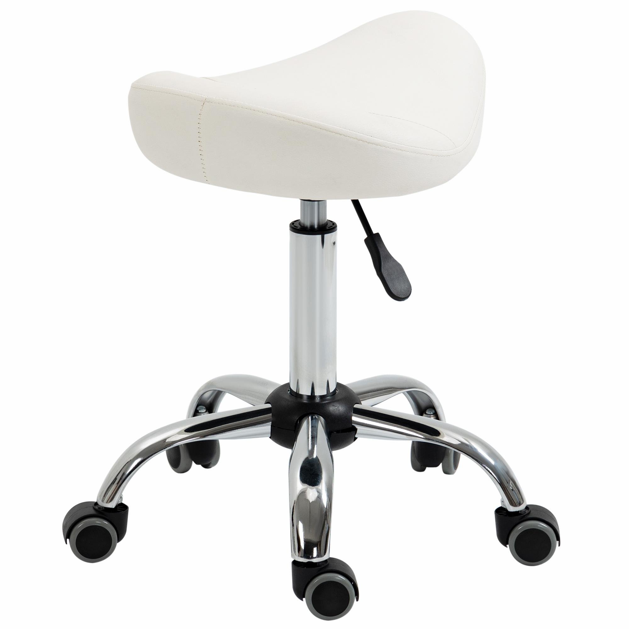 White Leather Saddle Stool, Adjustable Salon Seat