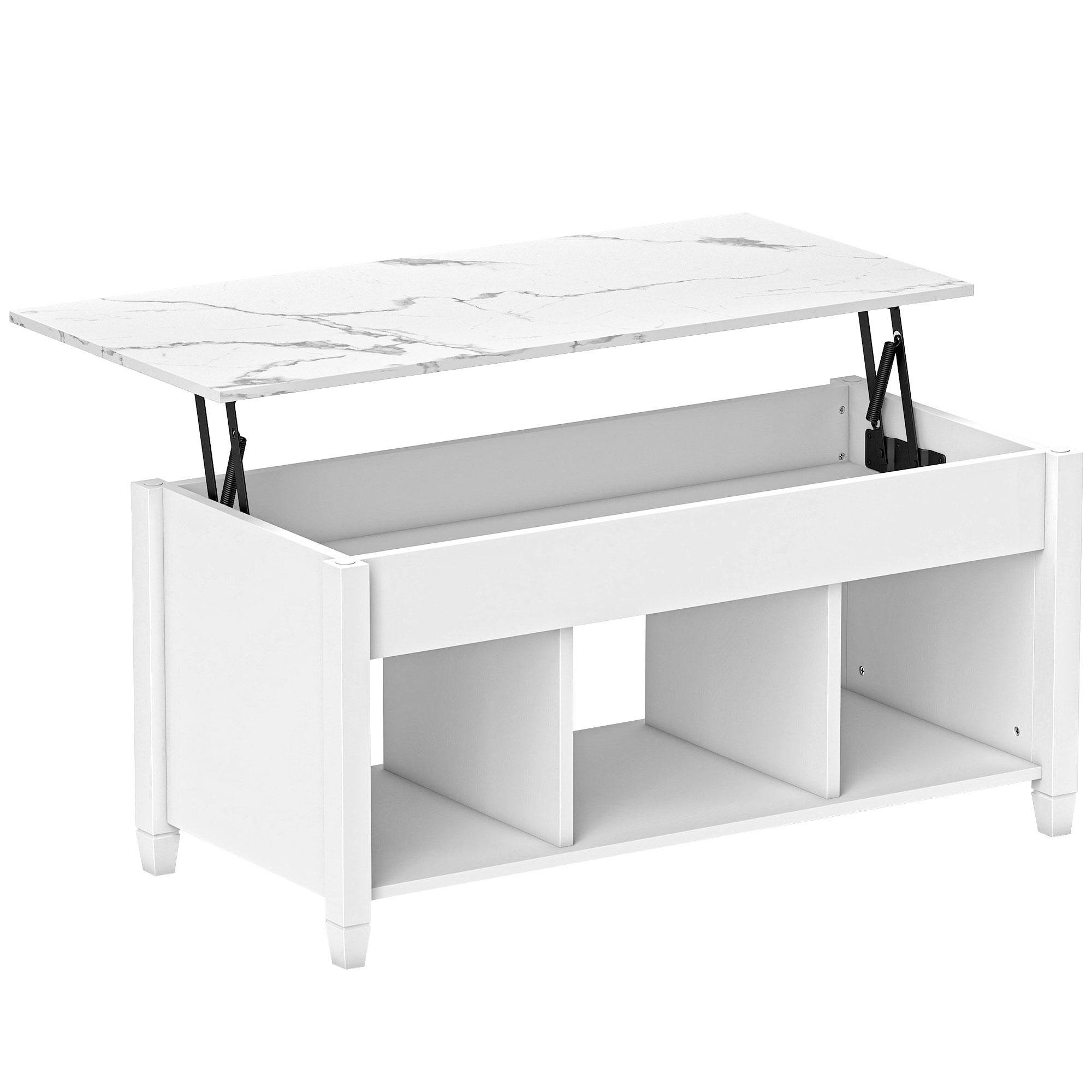 White Marble Grain Lift Table with Hidden Storage, 41.3-Inch
