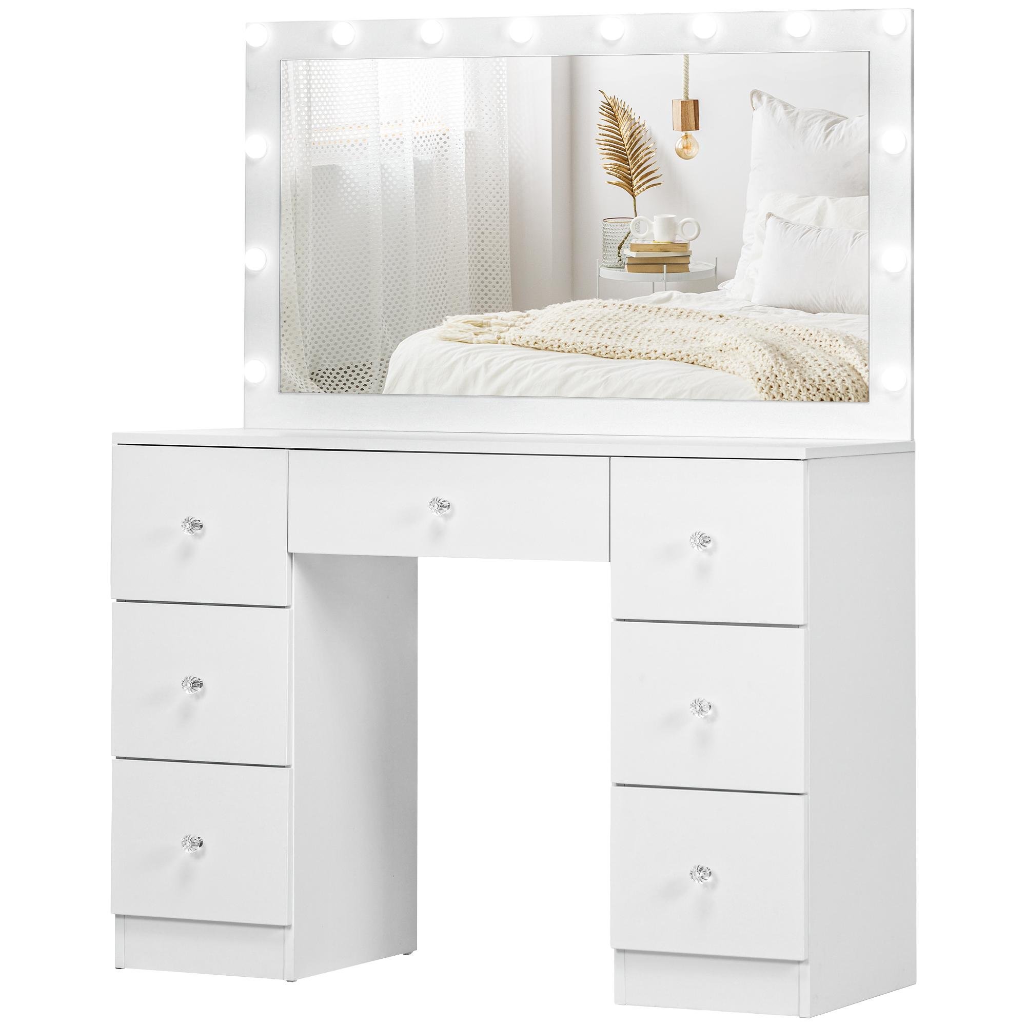 White 7-Drawer Makeup Vanity with 14 LED Bulbs