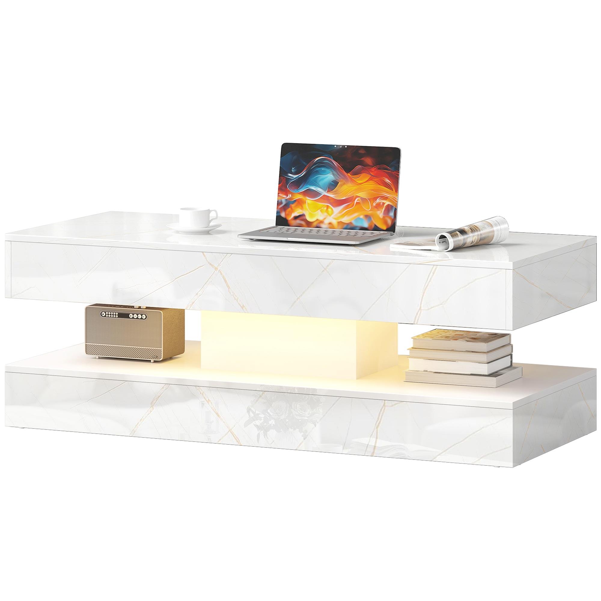 White Marble-Effect LED Coffee Table with Storage