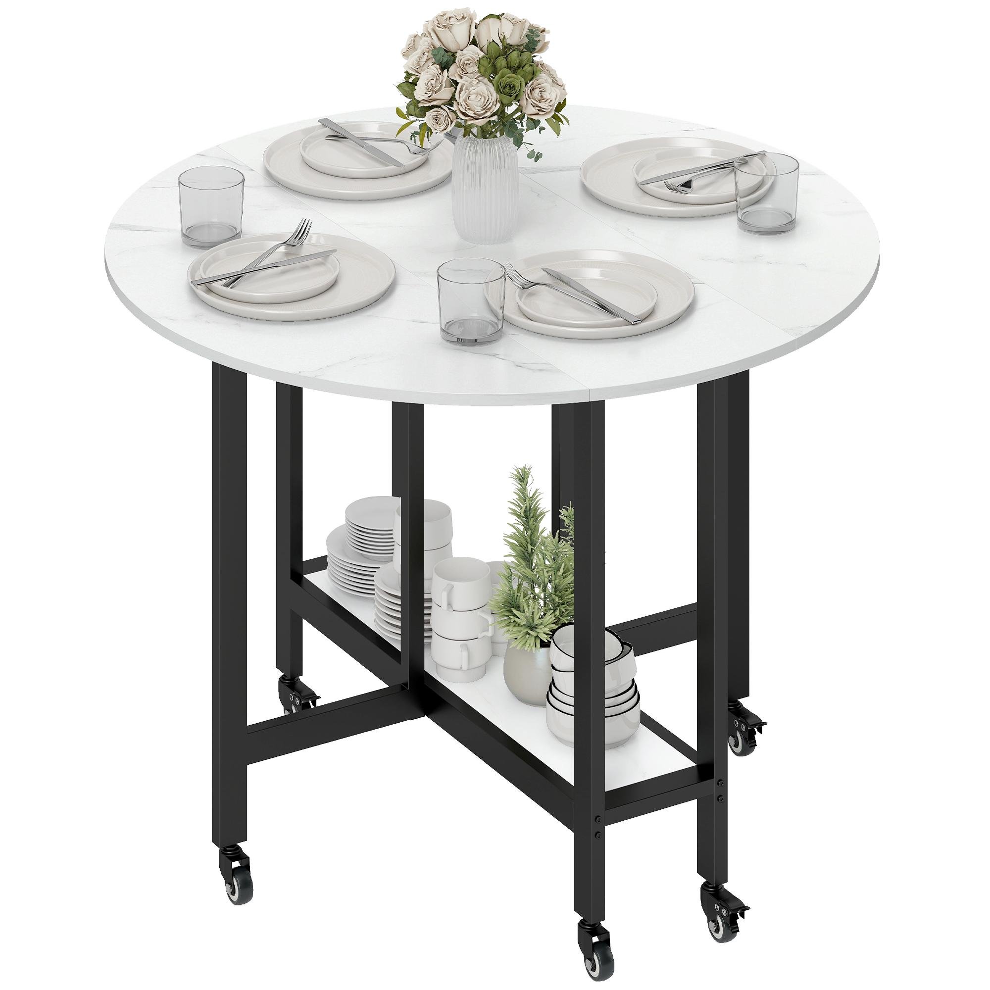 White Marble Folding Dining Table with Open Shelf