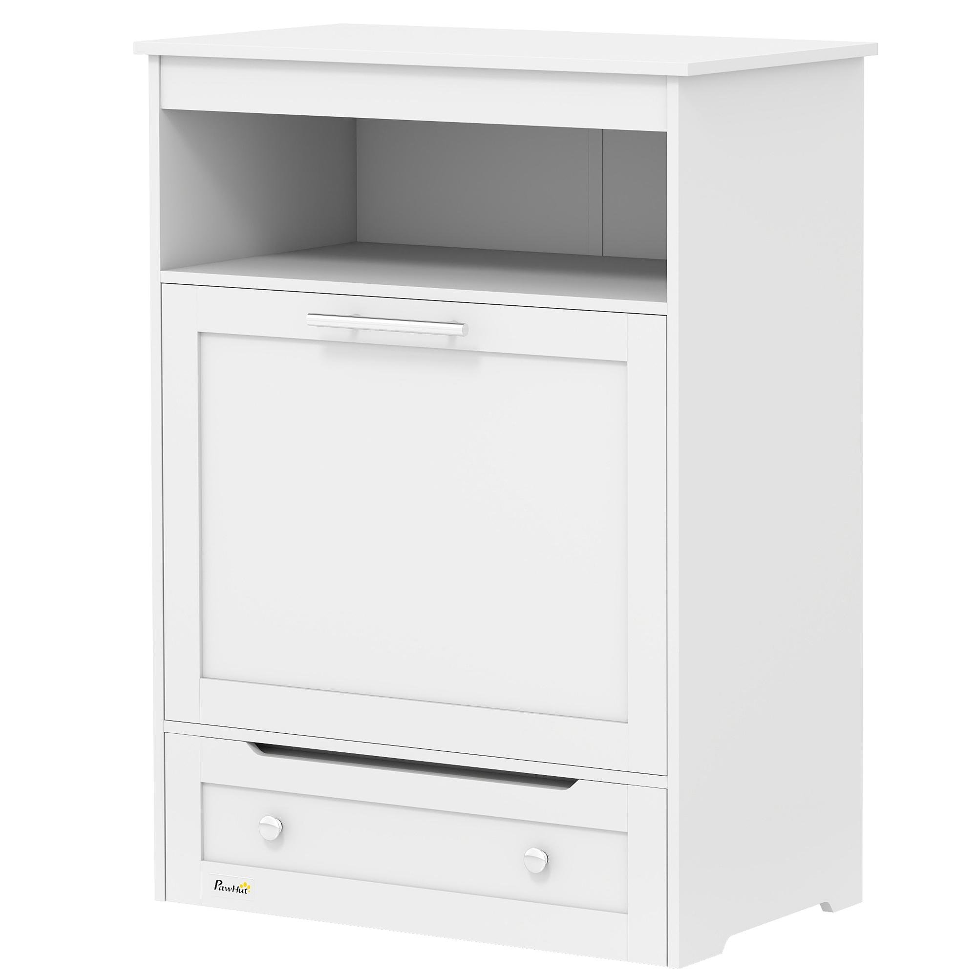 White MDF Dog Feeder Cabinet with Pull-Out Bowls