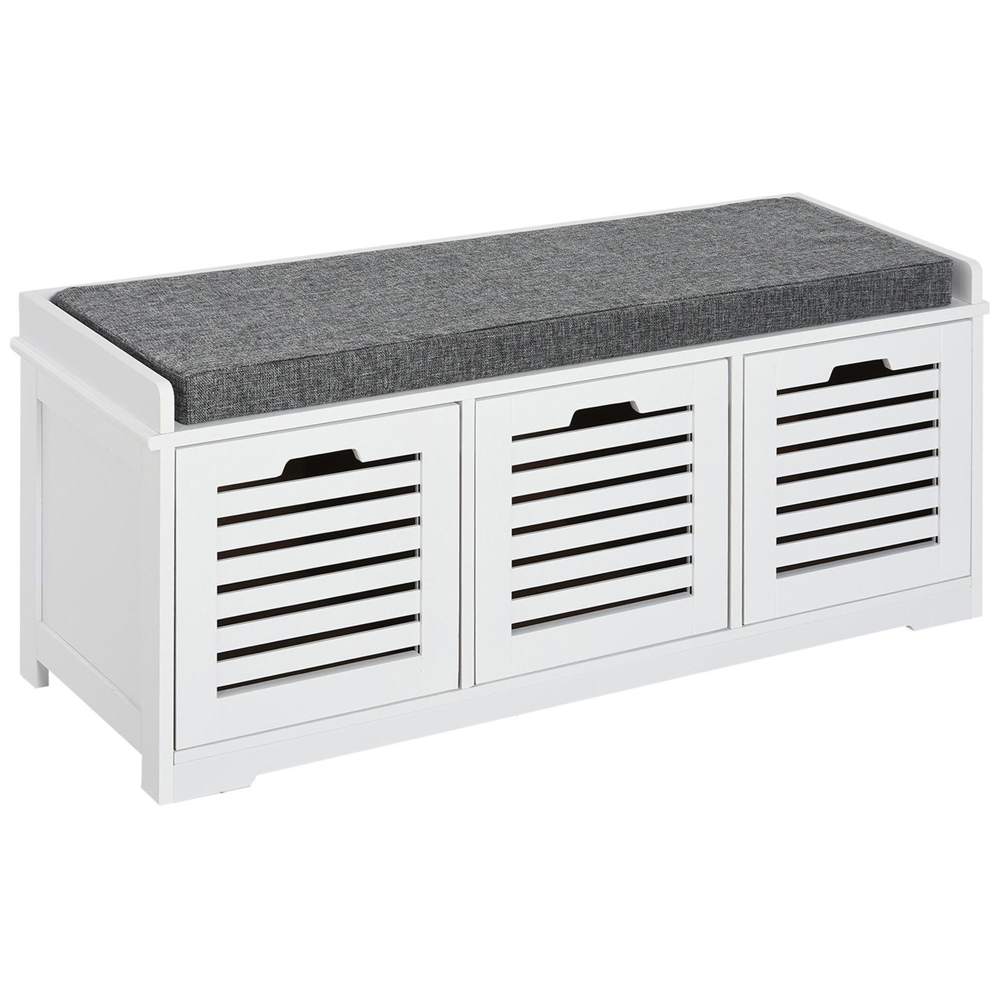 Grey Cushioned Shoe Bench with Three Storage Drawers