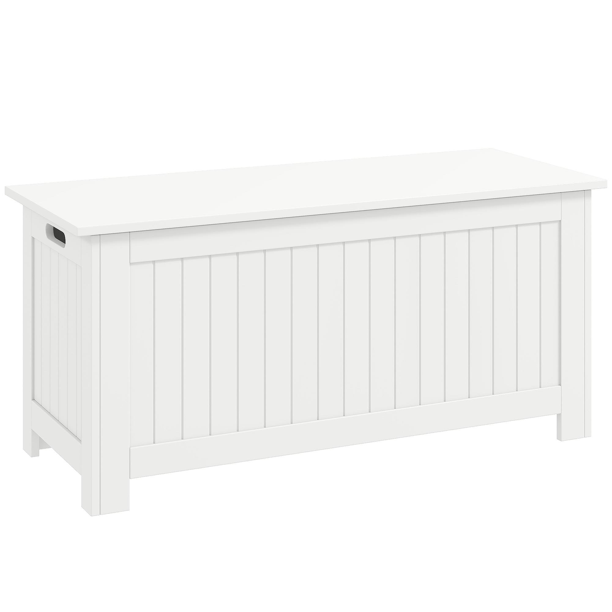 white MDF blanket storage bench with hinged lid