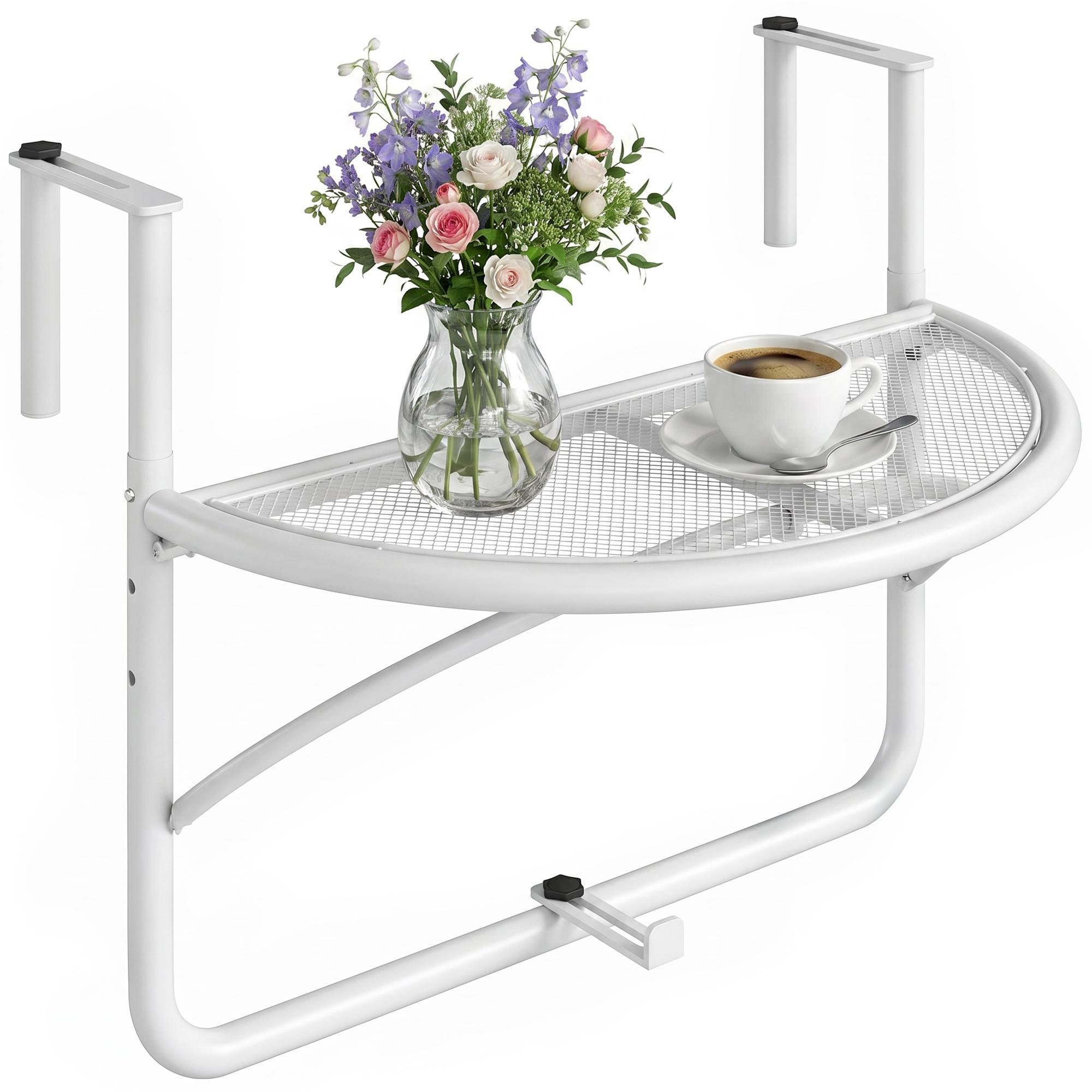 White Metal Balcony Table, Adjustable Folding Railing Desk