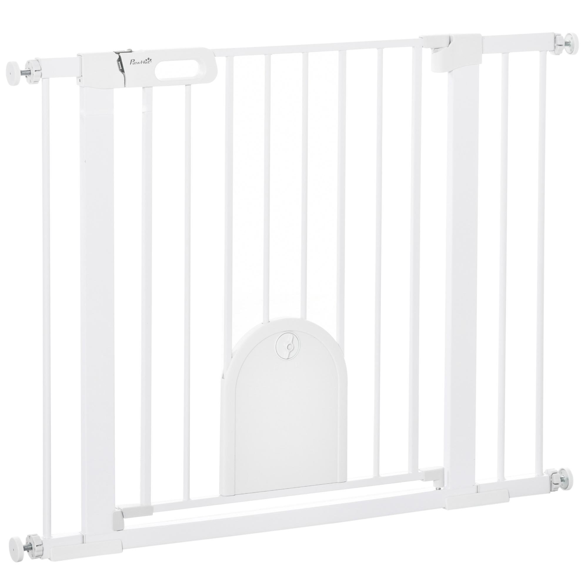White Metal Pet Gate with Small Pet Door, 30 in High