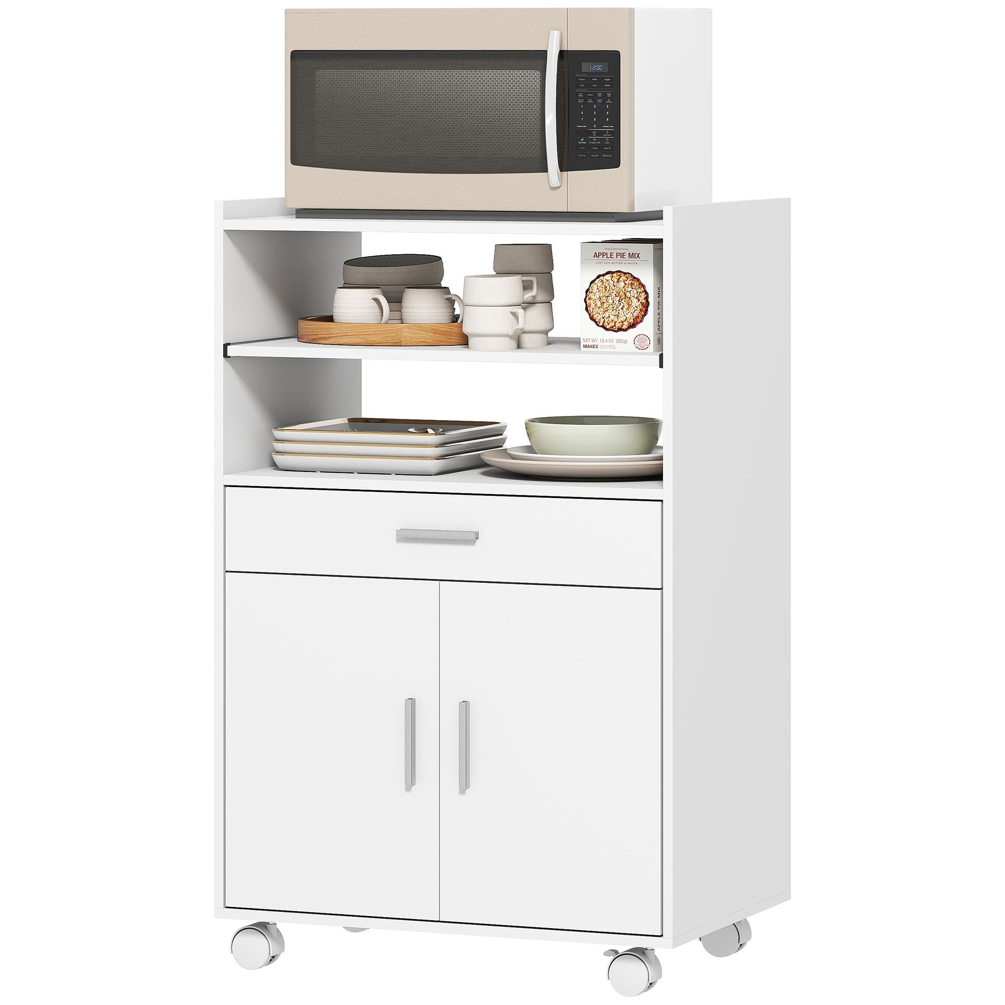 White Microwave Storage Cabinet with Wheels and Drawer