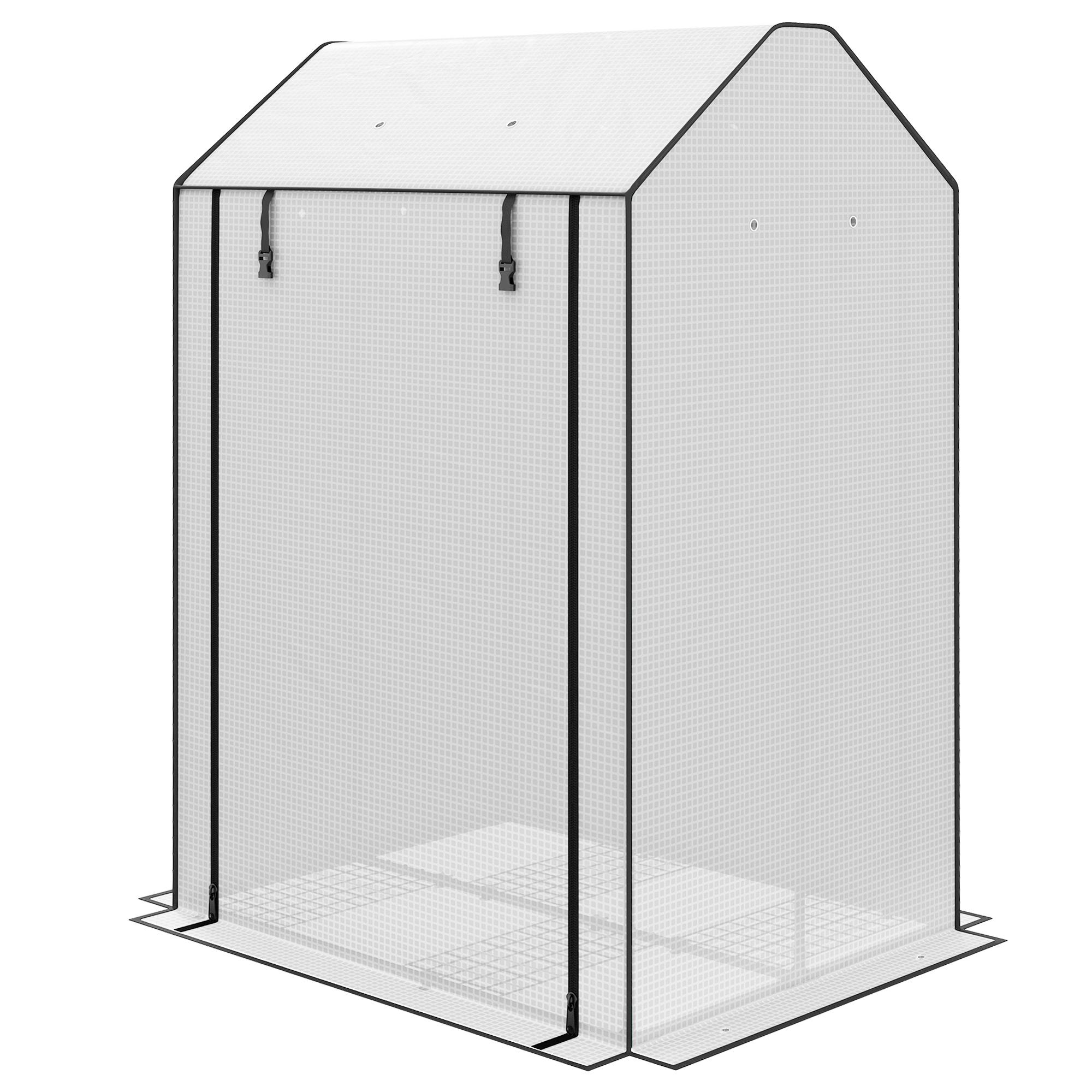white 4 shelf mini greenhouse with roll-up doors