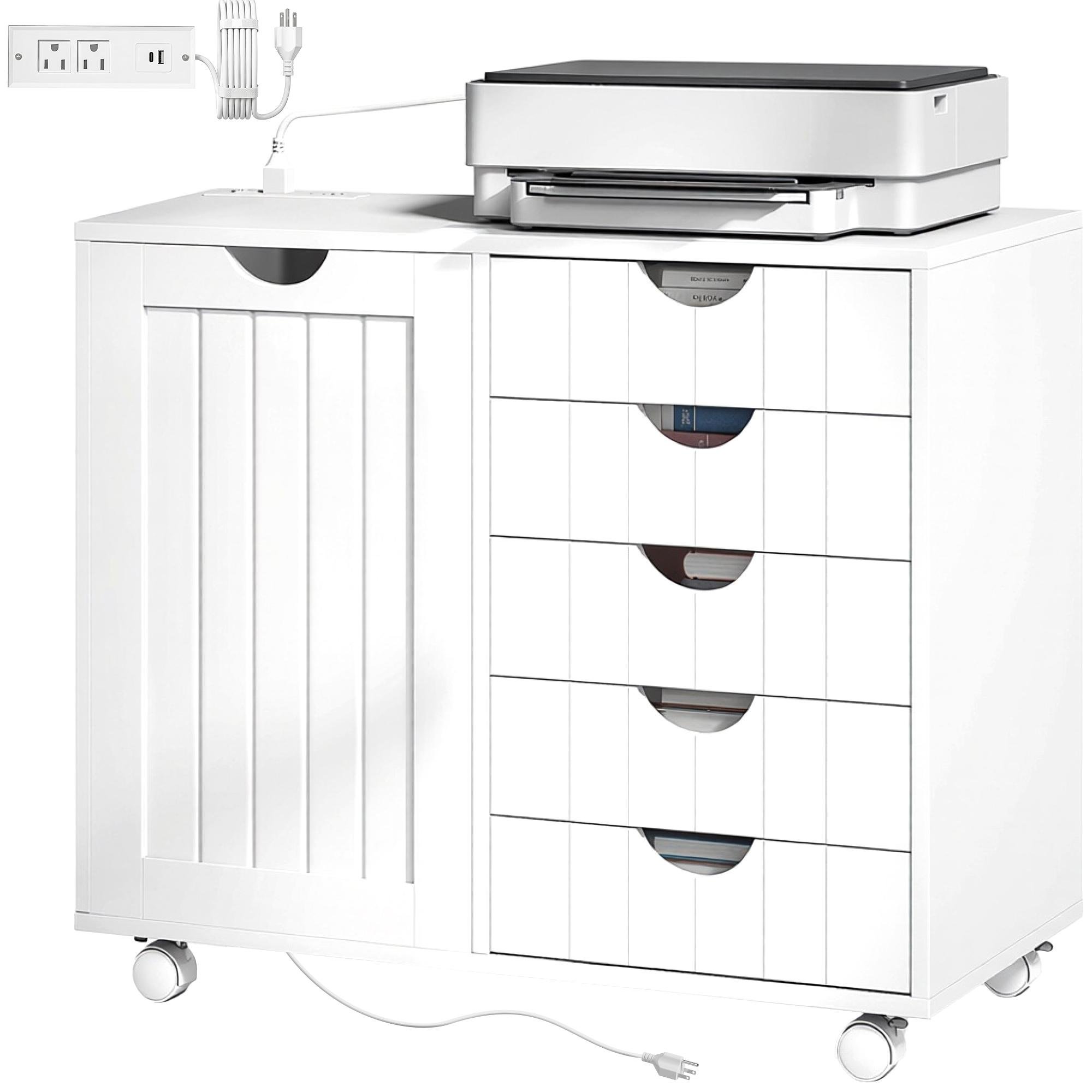 White Five Drawer Printer Cabinet with Charging Station