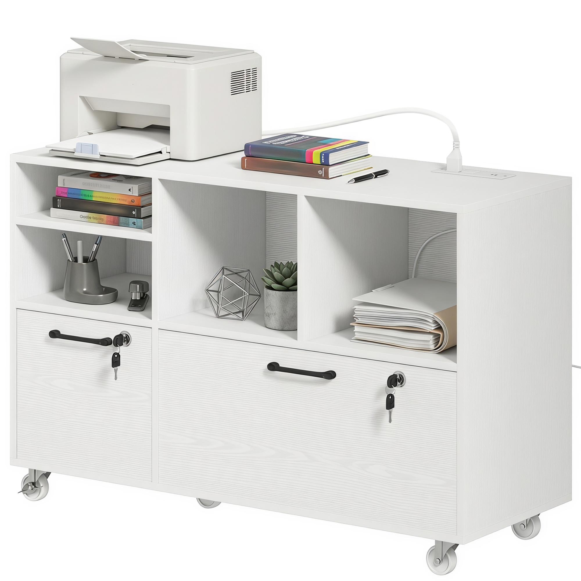 White Two Drawer Printer Cabinet with Charging Station