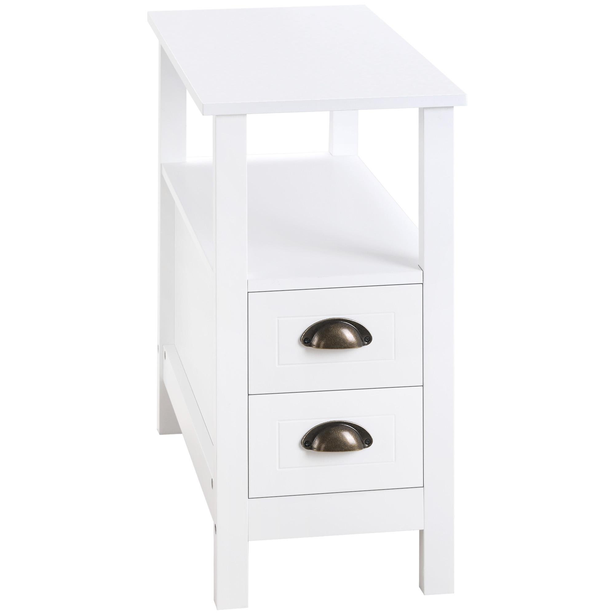 White Narrow Drawer End Table with Two Drawers, 11.75-Inch Wide