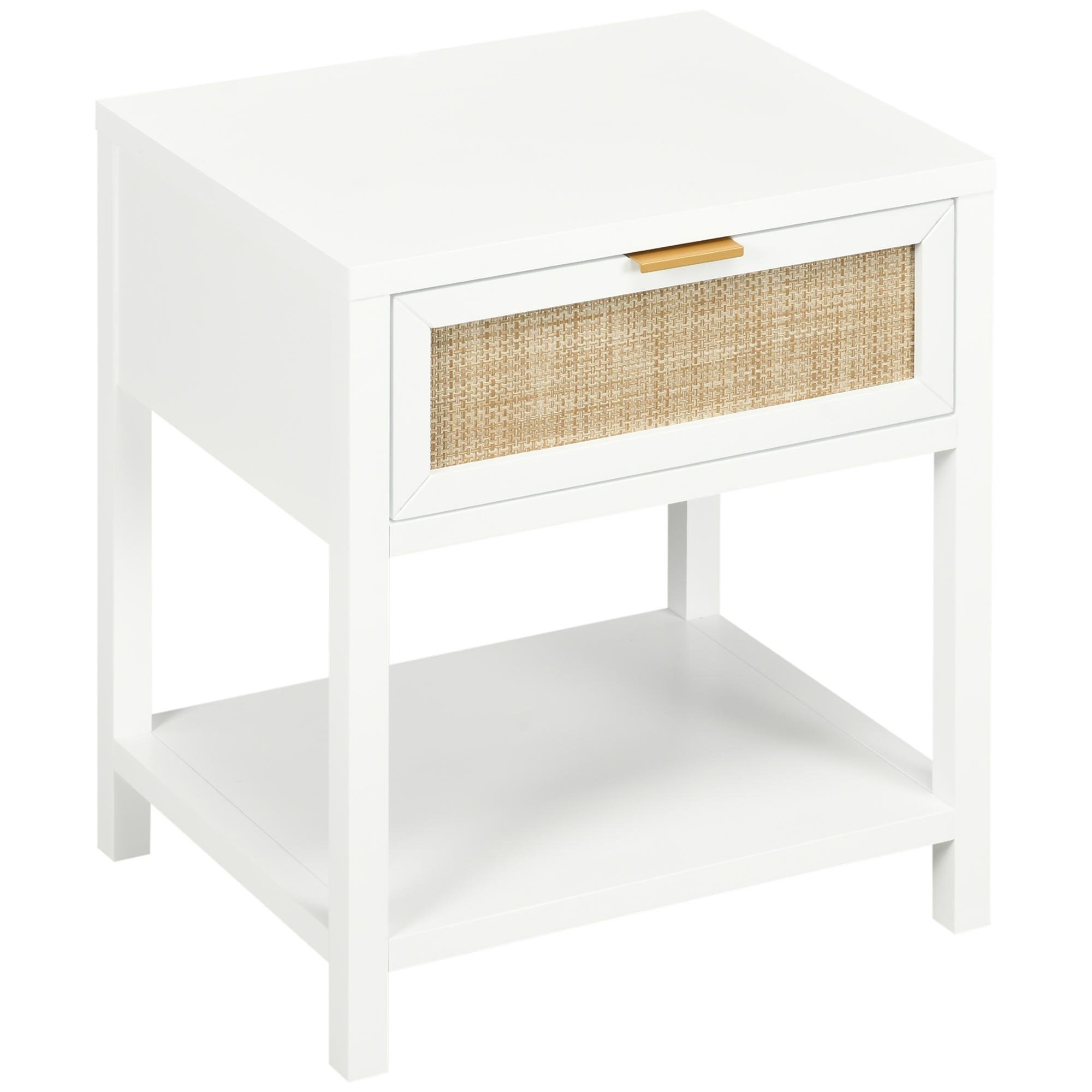 White Rattan Drawer Nightstand with Open Shelf for Bedroom