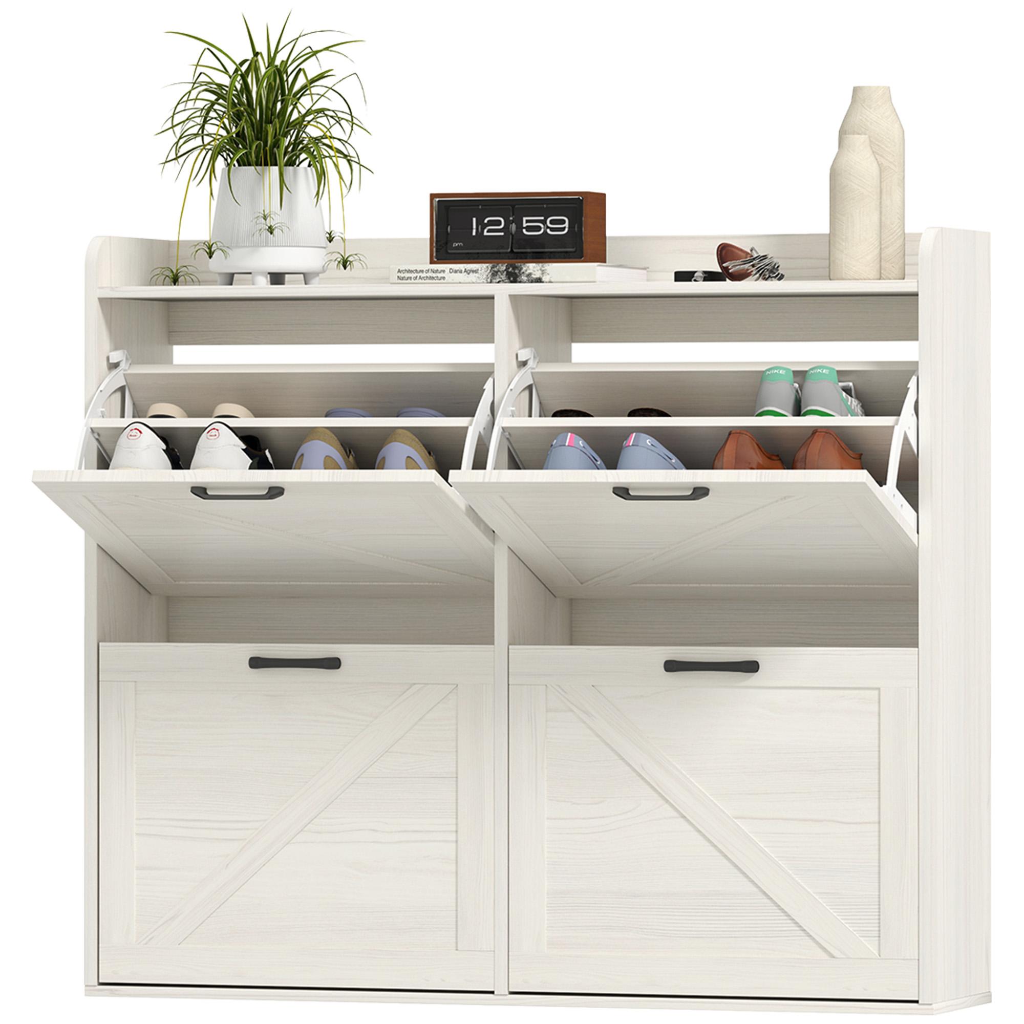 White Oak Shoe Cabinet with 4 Flip Drawers and Adjustable Dividers