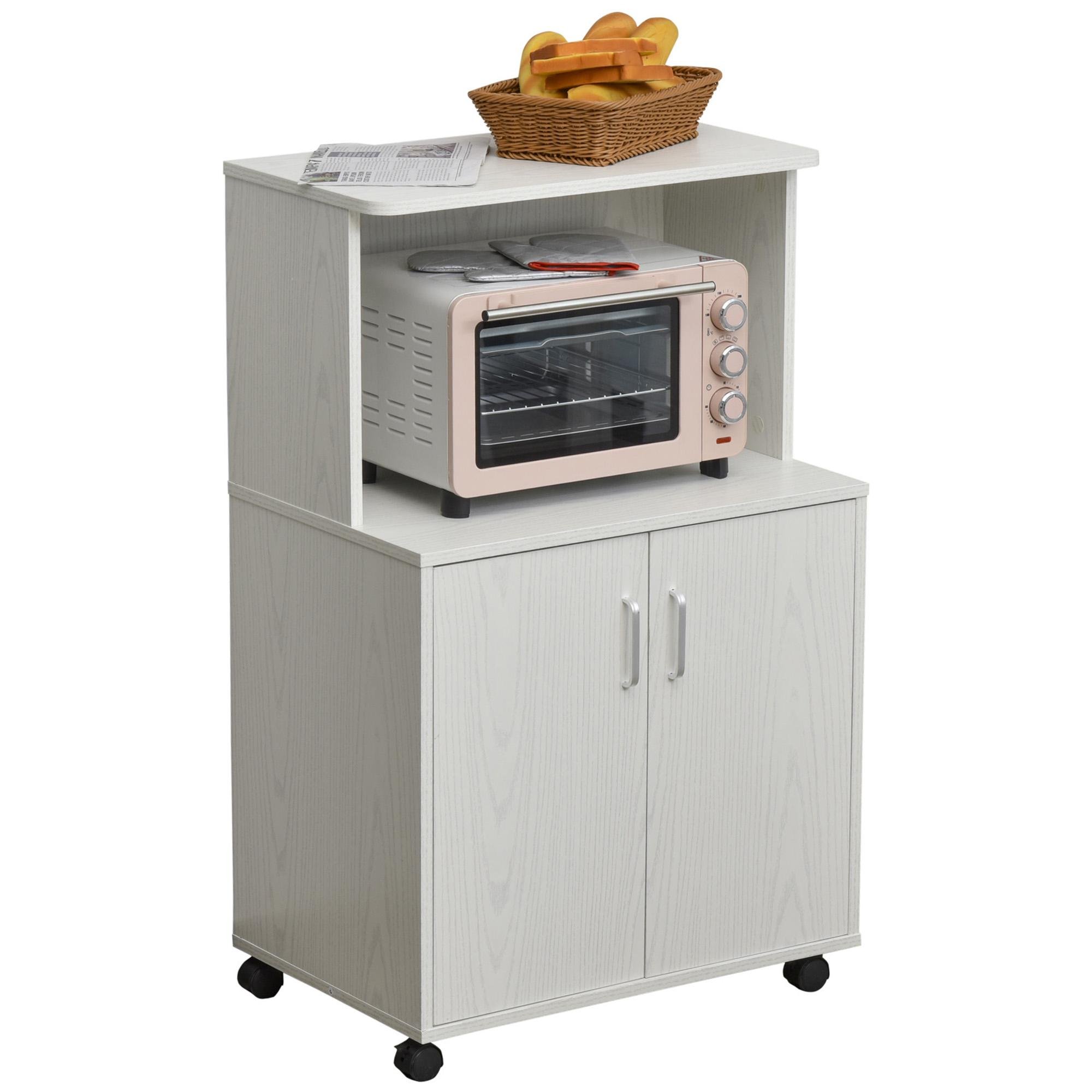 White Oak Microwave Cart with Cabinet and Locking Casters