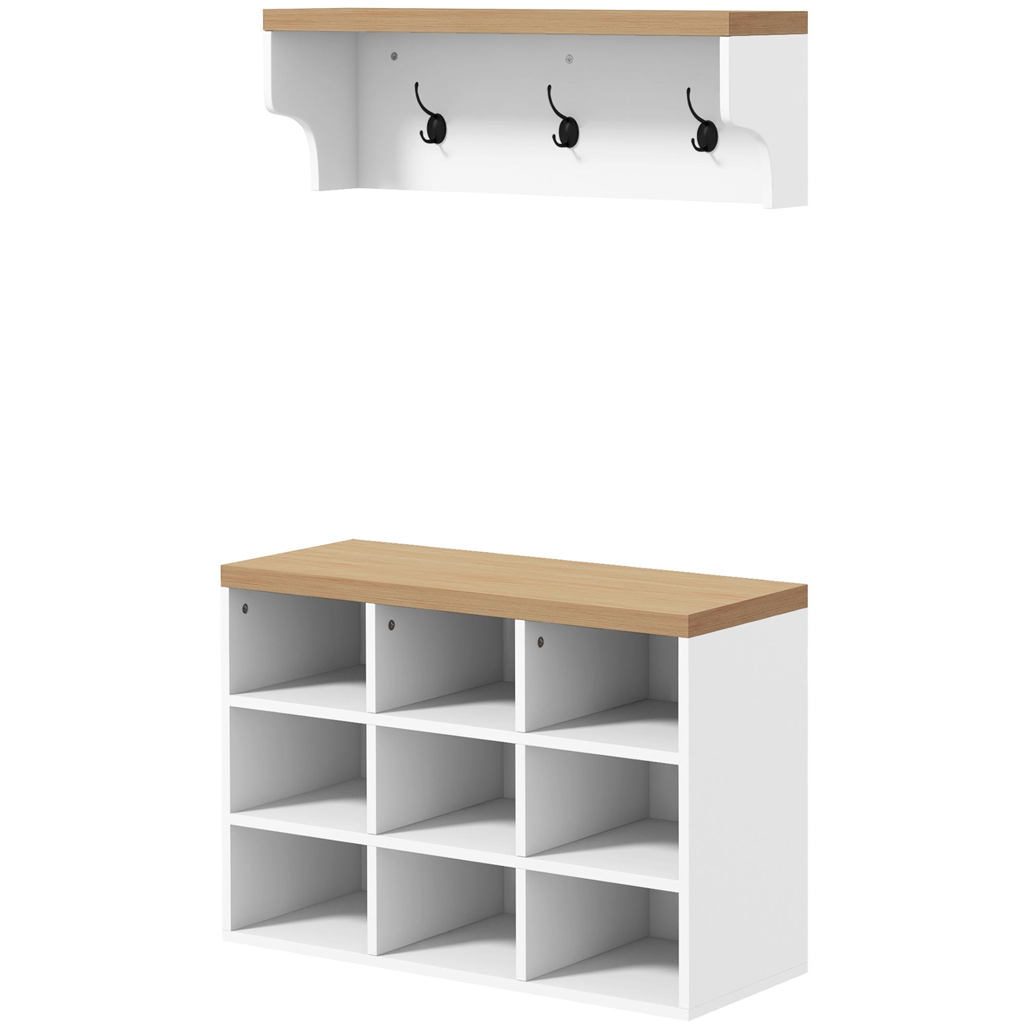 White Oak Shoe Bench Rack with 5 Hooks