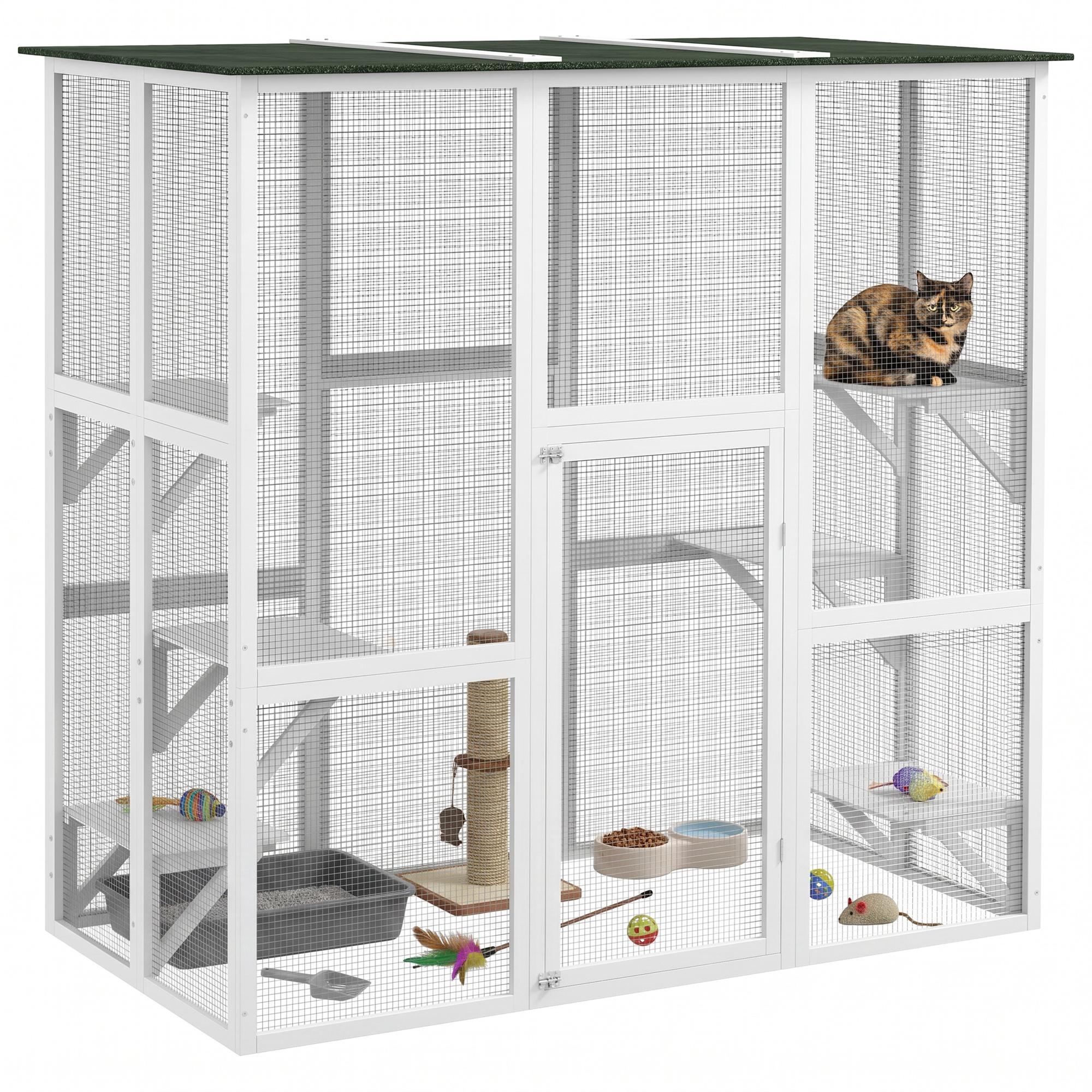 White Fir Outdoor Cat Enclosure with Six Platforms