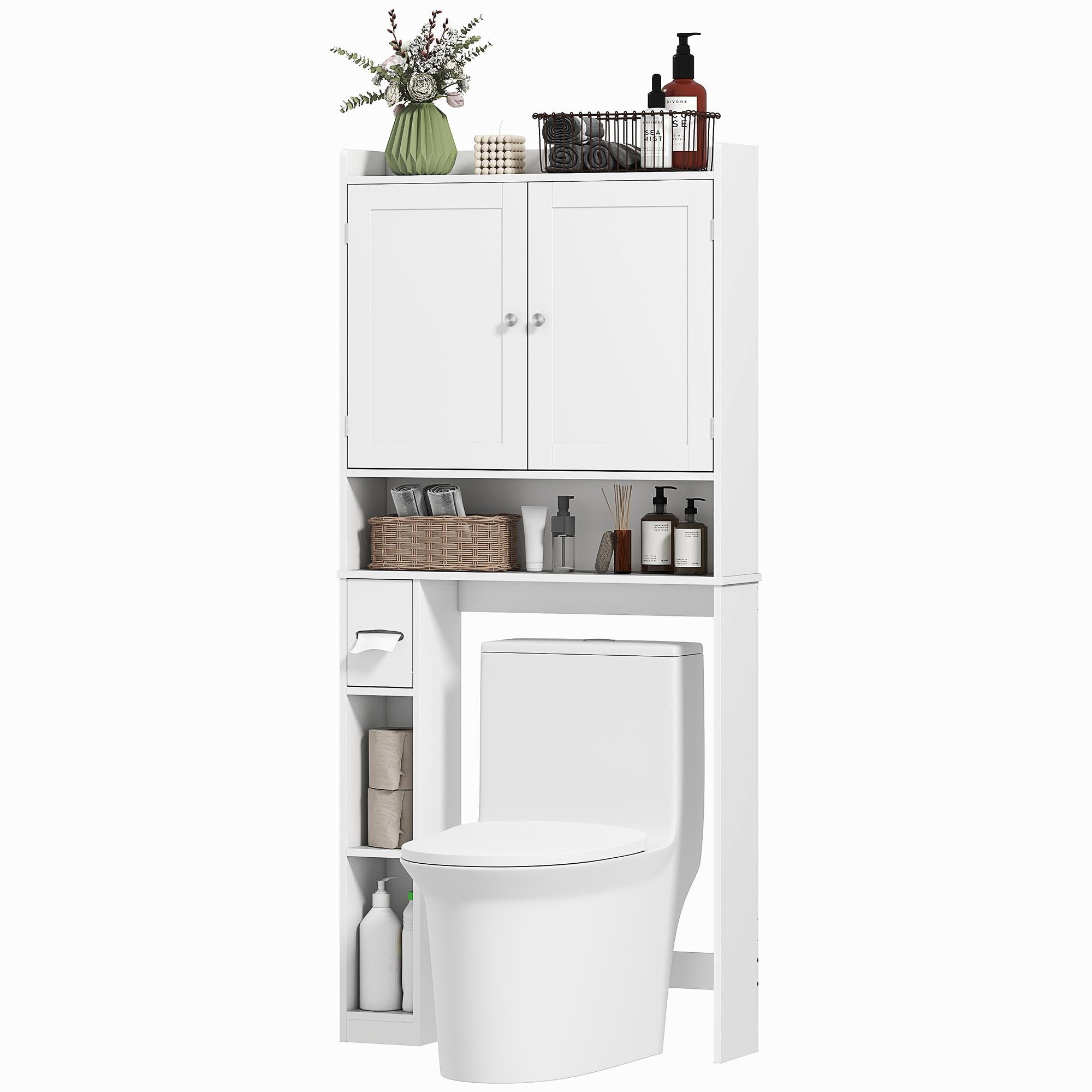 White Toilet Storage Tower with Reversible Side Shelves