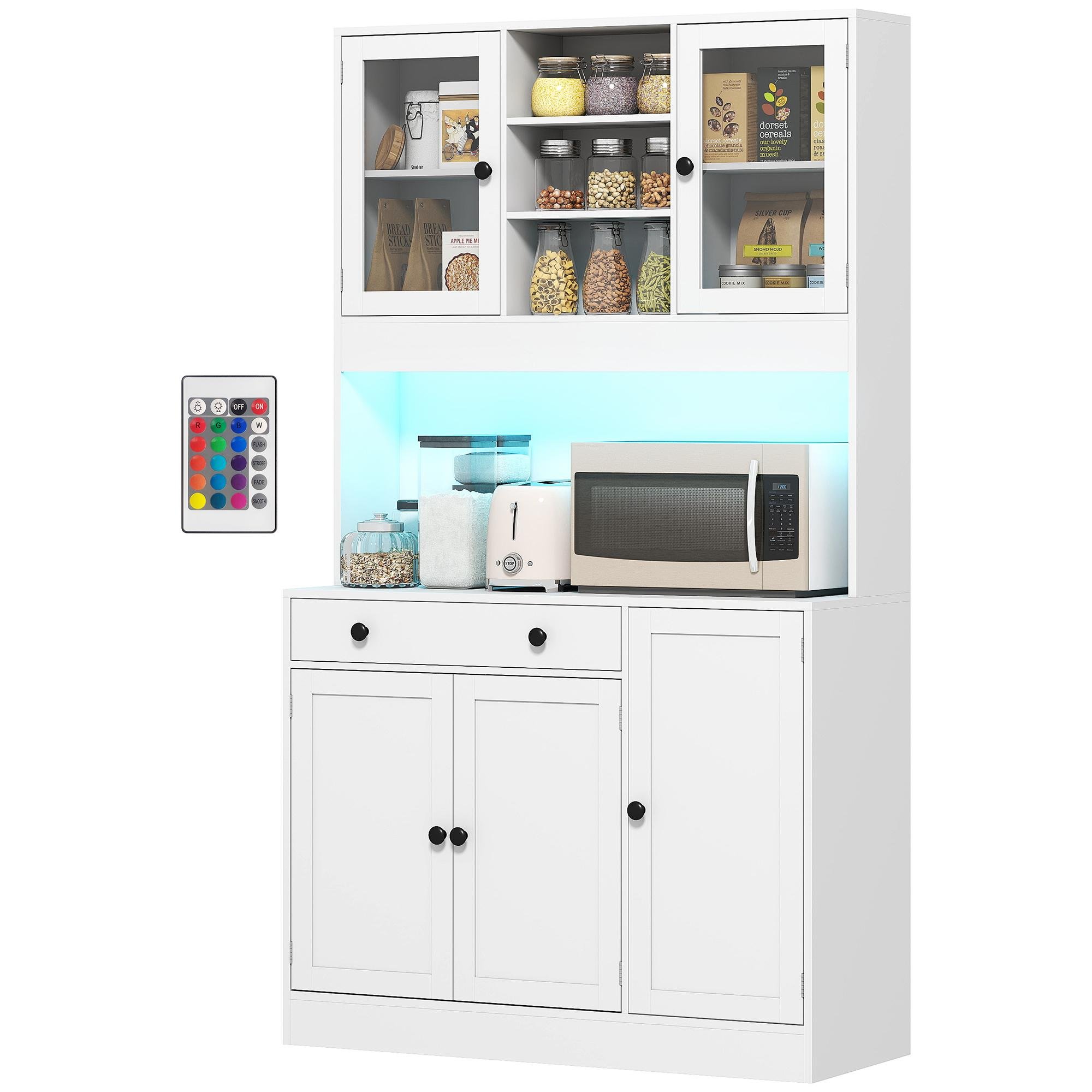 White Pantry Cabinet with Lights, 103 cm Storage Hutch