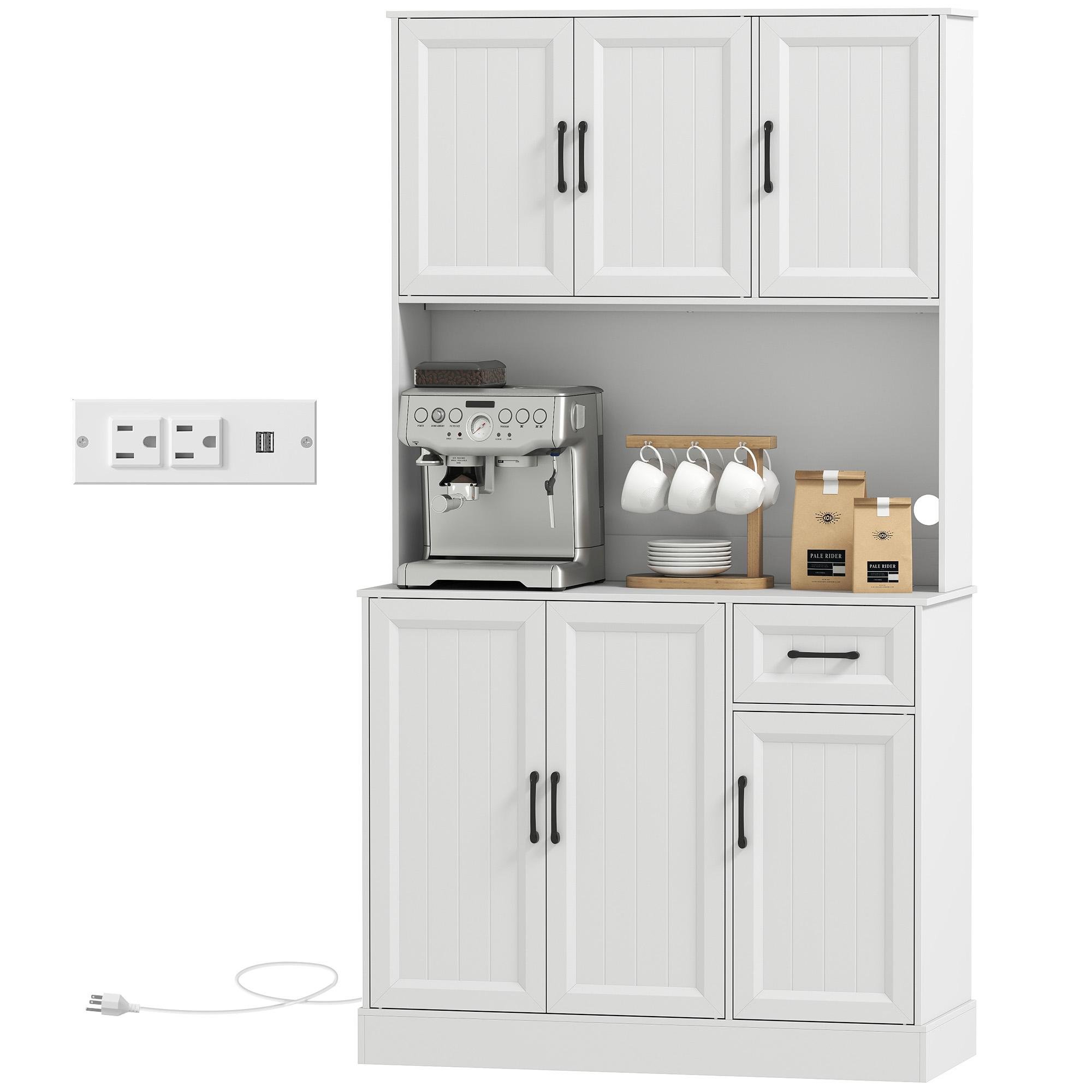 White 71 Inch Charging Pantry Cabinet with Adjustable Shelves