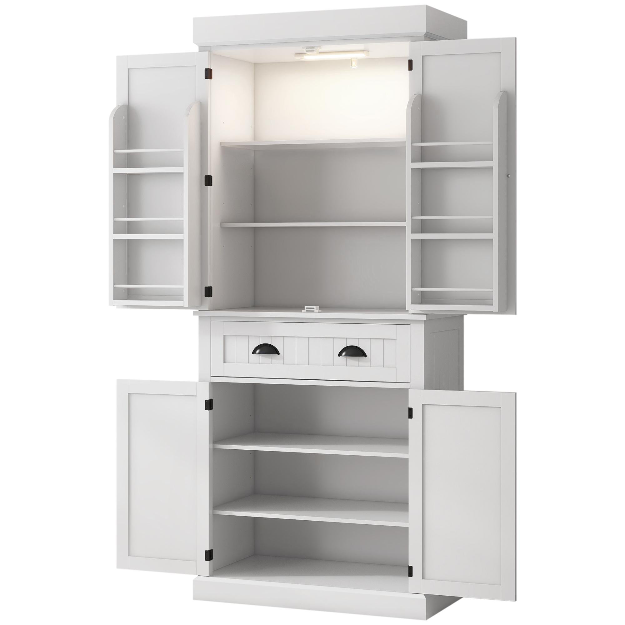 White 71.3 Inch Pantry Cabinet with Adjustable LED Light