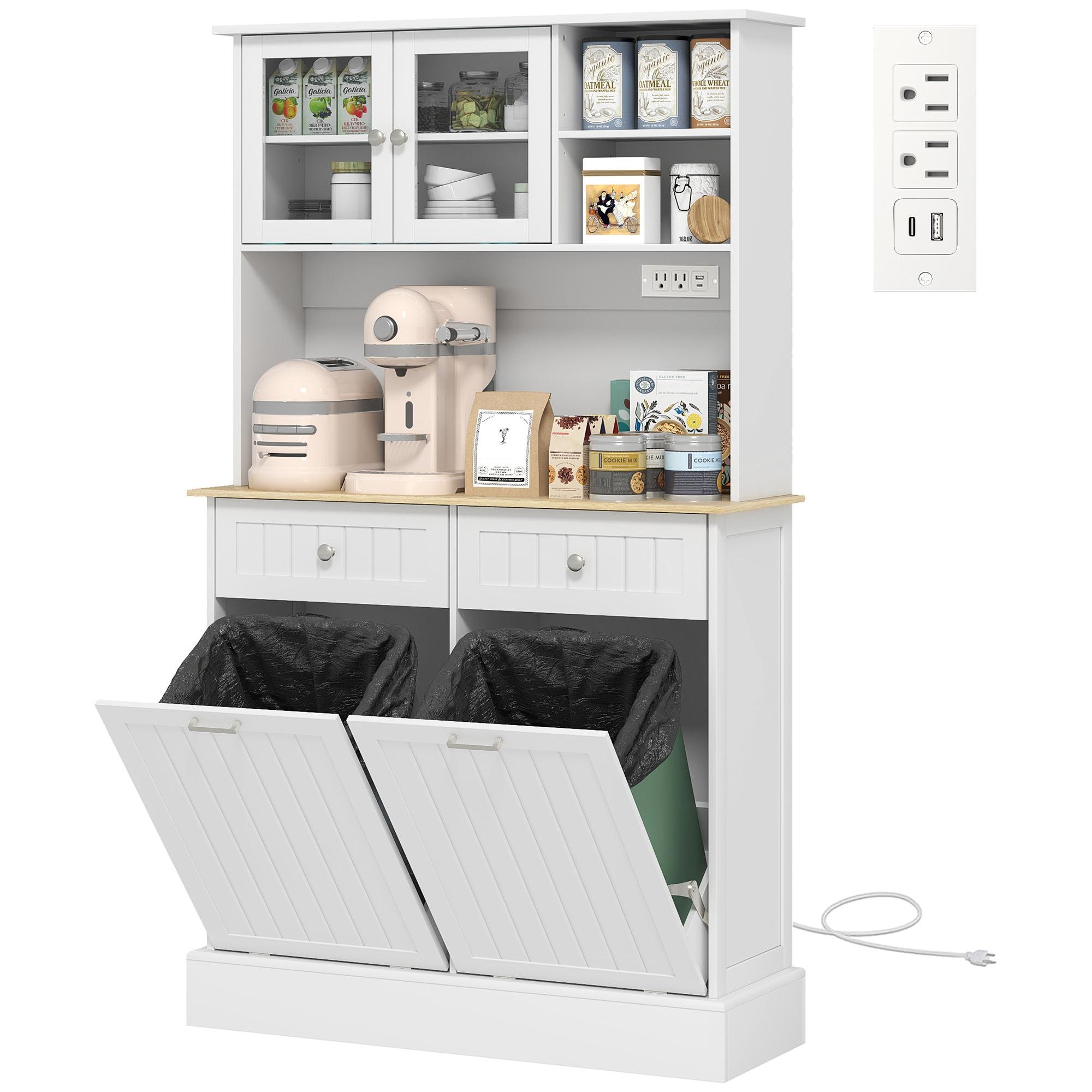 White Tilt-Out Pantry Cabinet with Charging Station