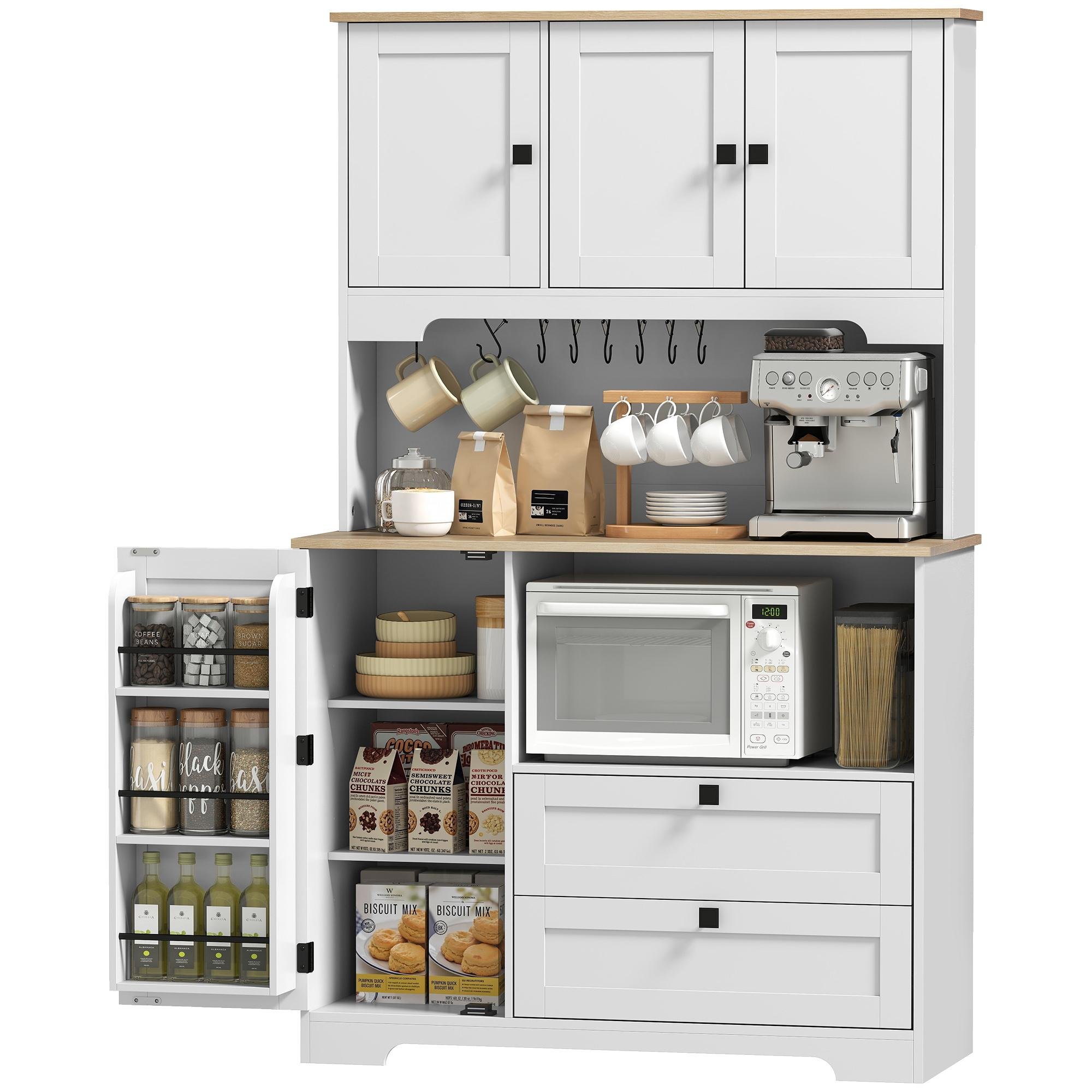 White 64 Inch Pantry Hutch with Adjustable Shelves