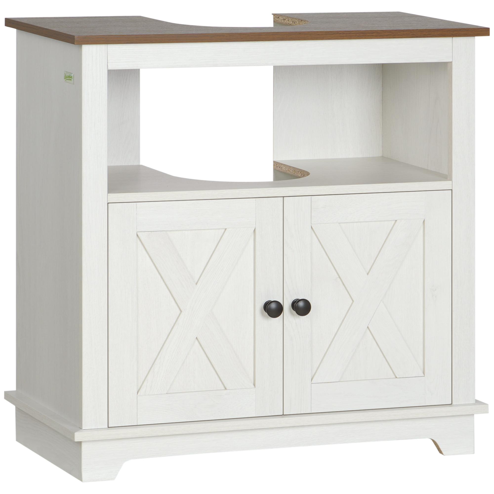 White Pedestal Sink Cabinet with Open and Hidden Storage
