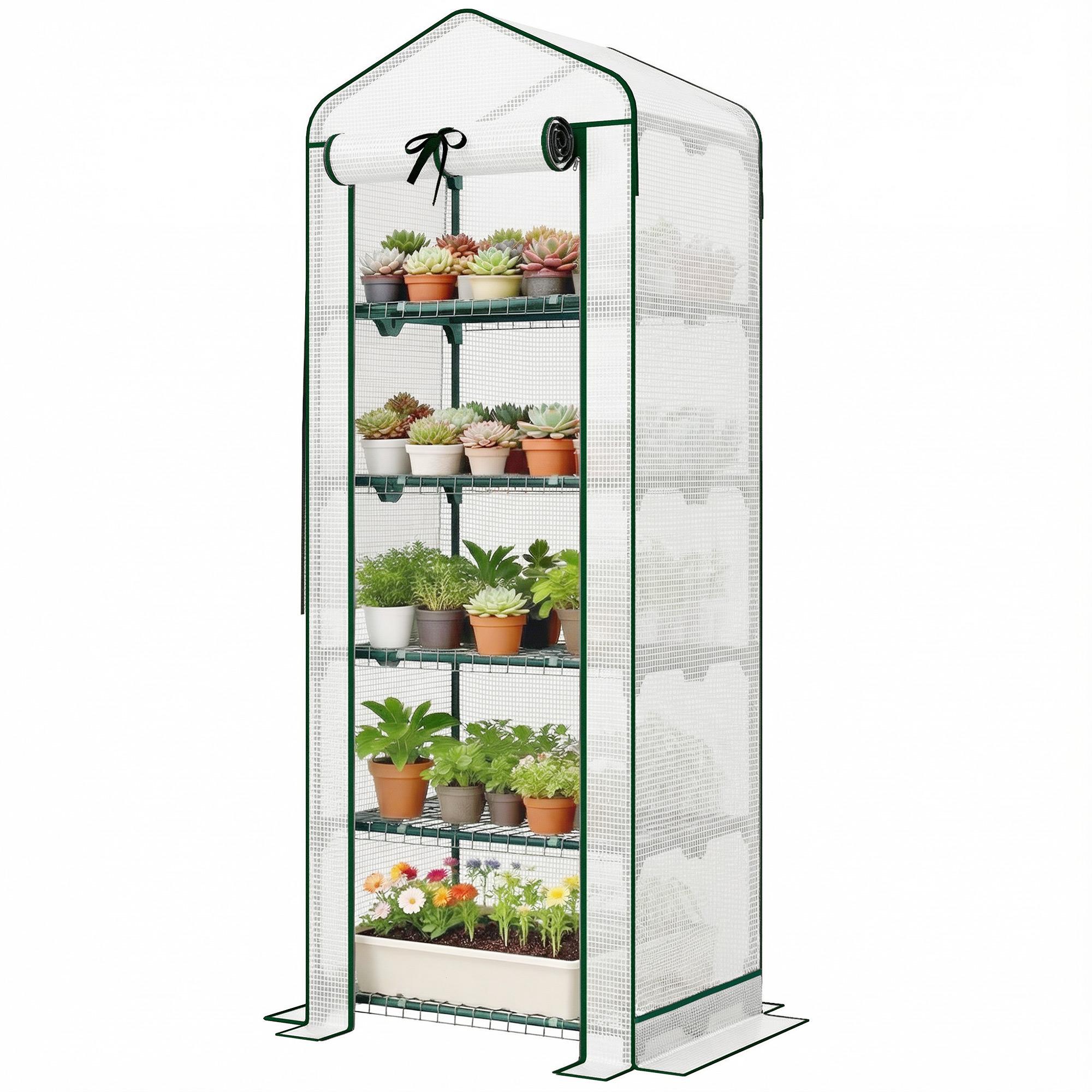 white 5 tier portable greenhouse with mesh roof, 27.6 x 19.7 in