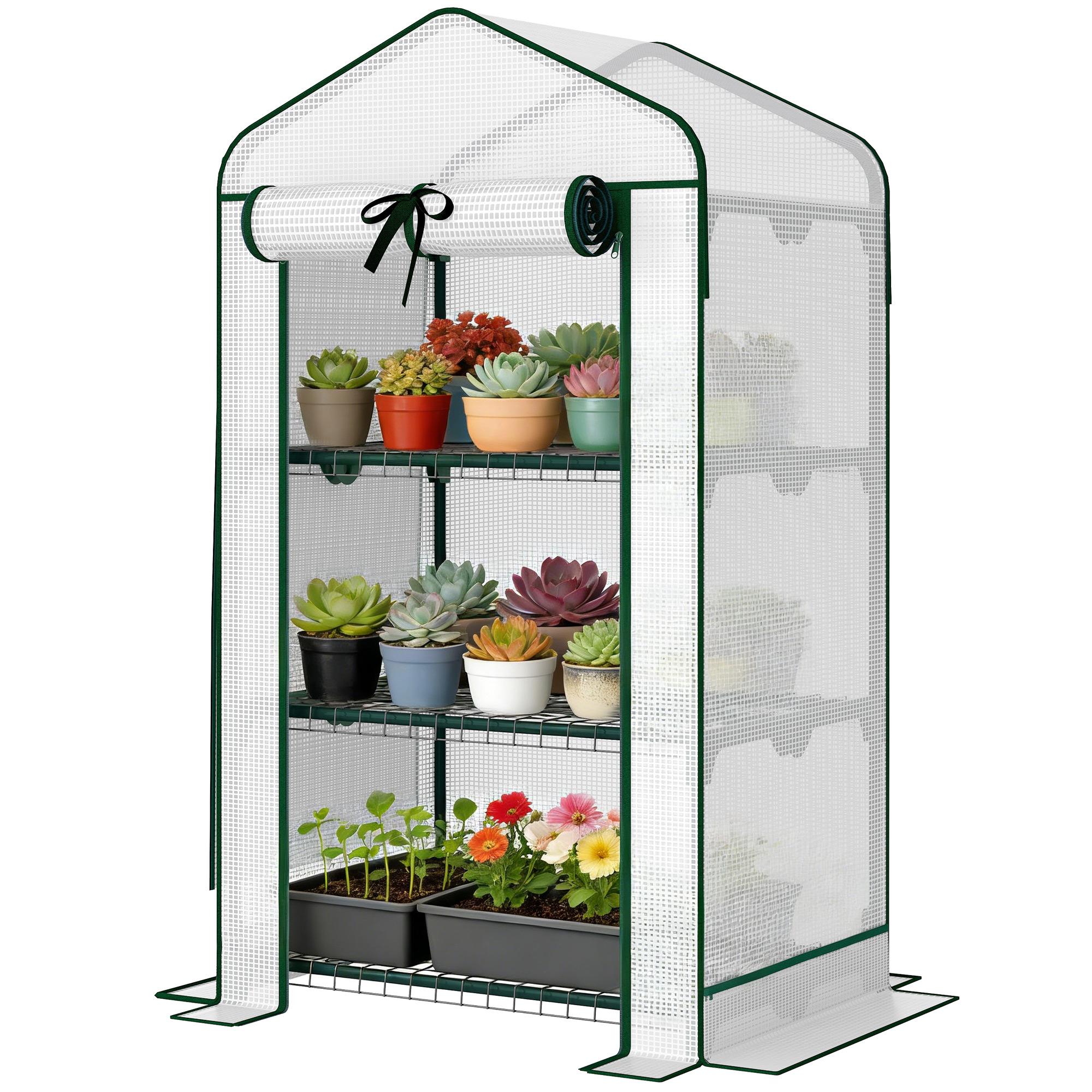 White Mesh Roof Greenhouse, 3 Tier Plant Shelf