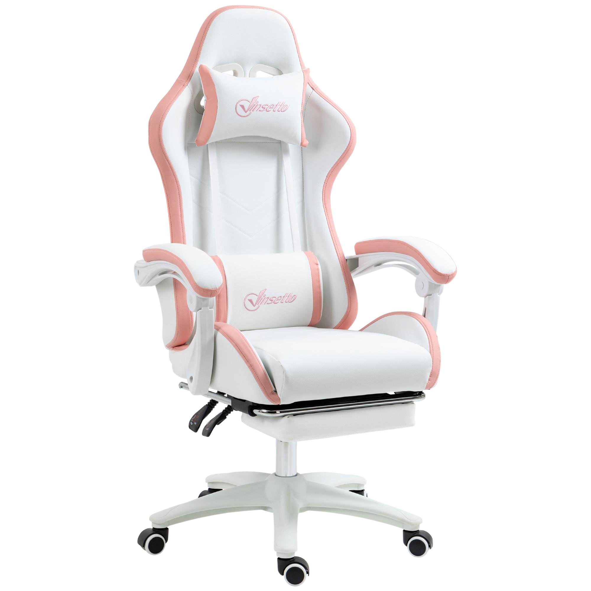 White PU Leather Gaming Chair with Footrest, 135° Recline