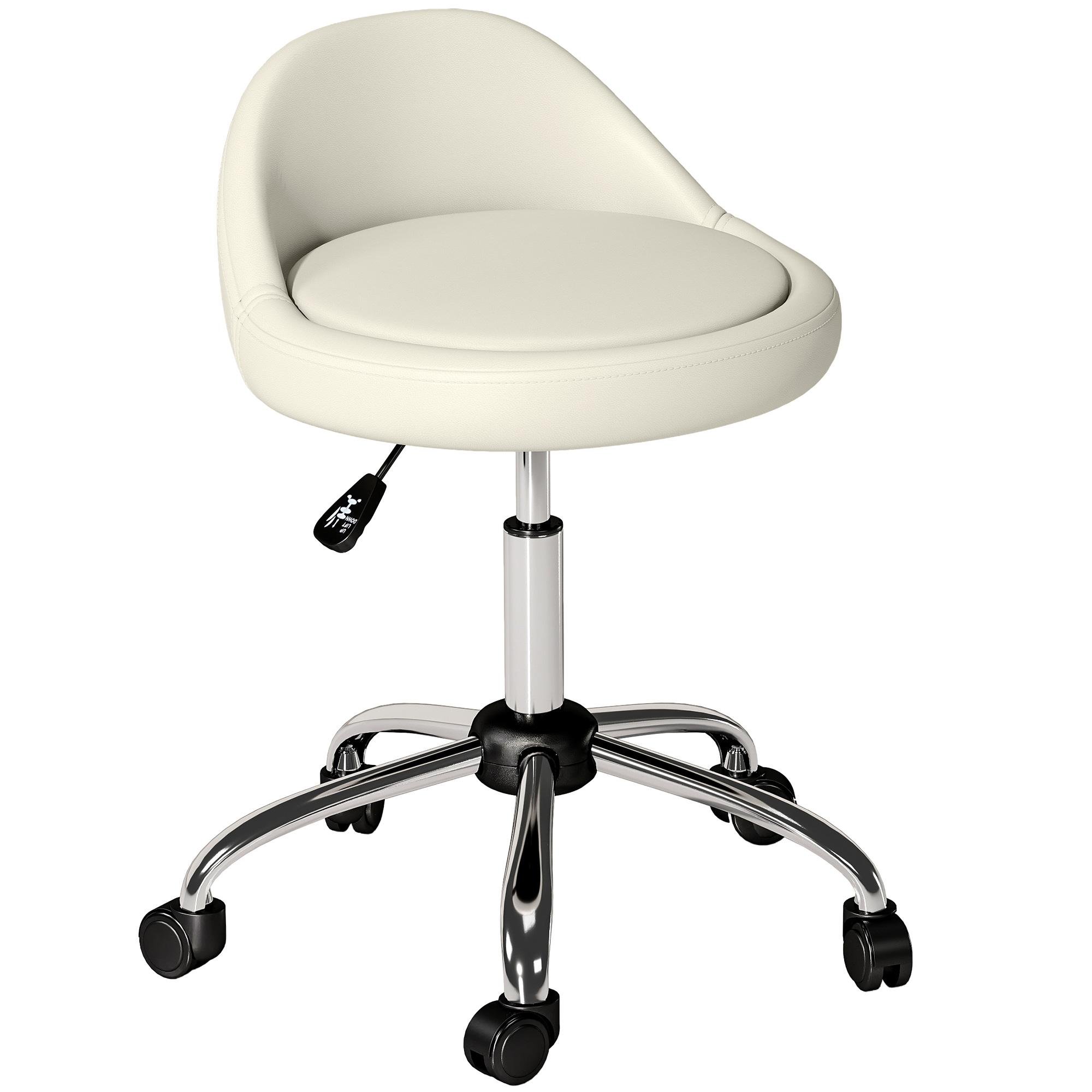 White PU Rolling Salon Stool, Adjustable Height