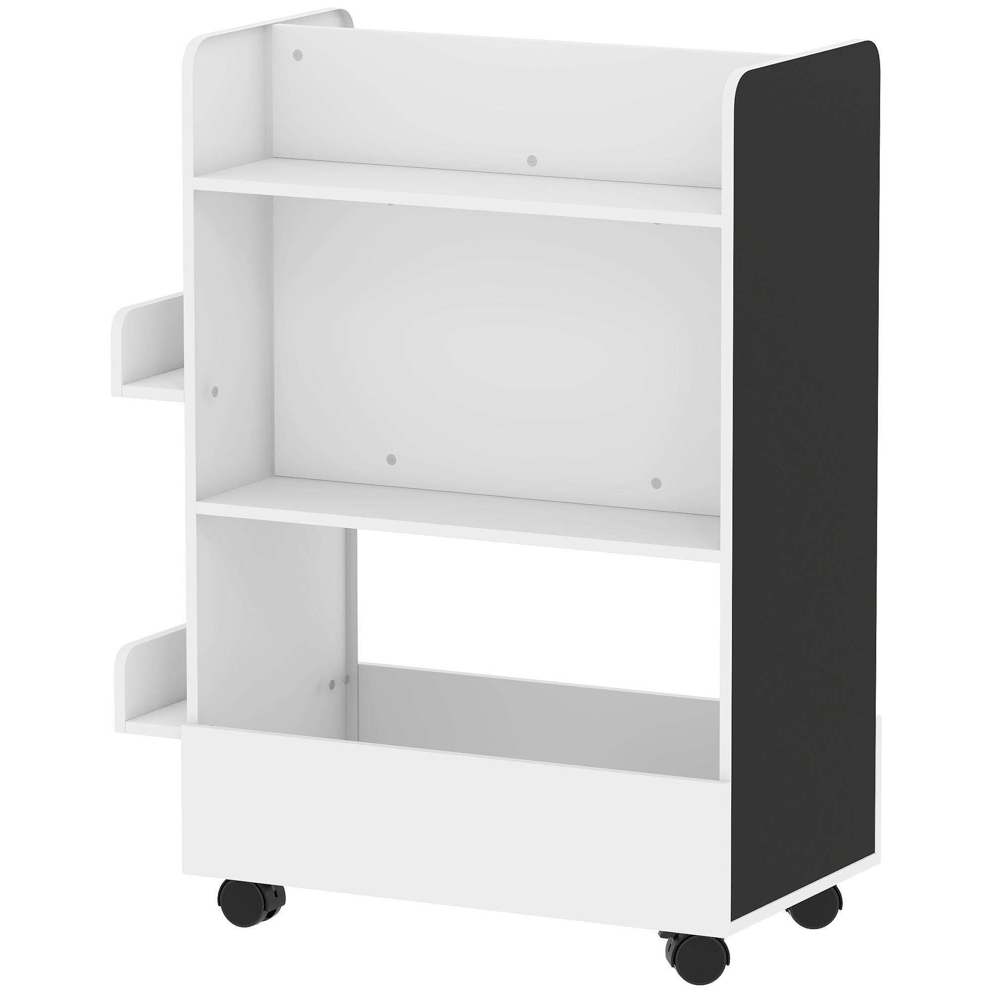 White Rolling Kids Bookshelf with Blackboard, 3-8 Years