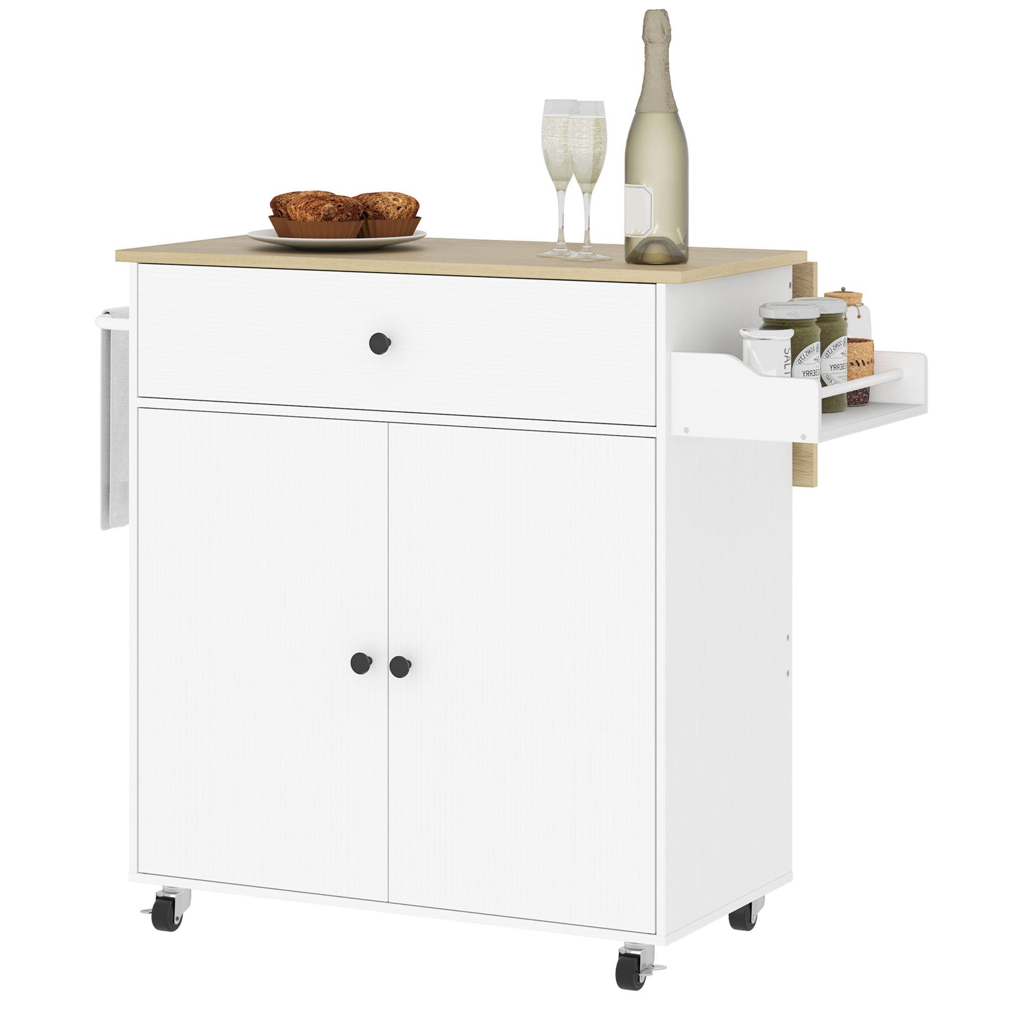 White Kitchen Cart Drop Leaf with Adjustable Storage