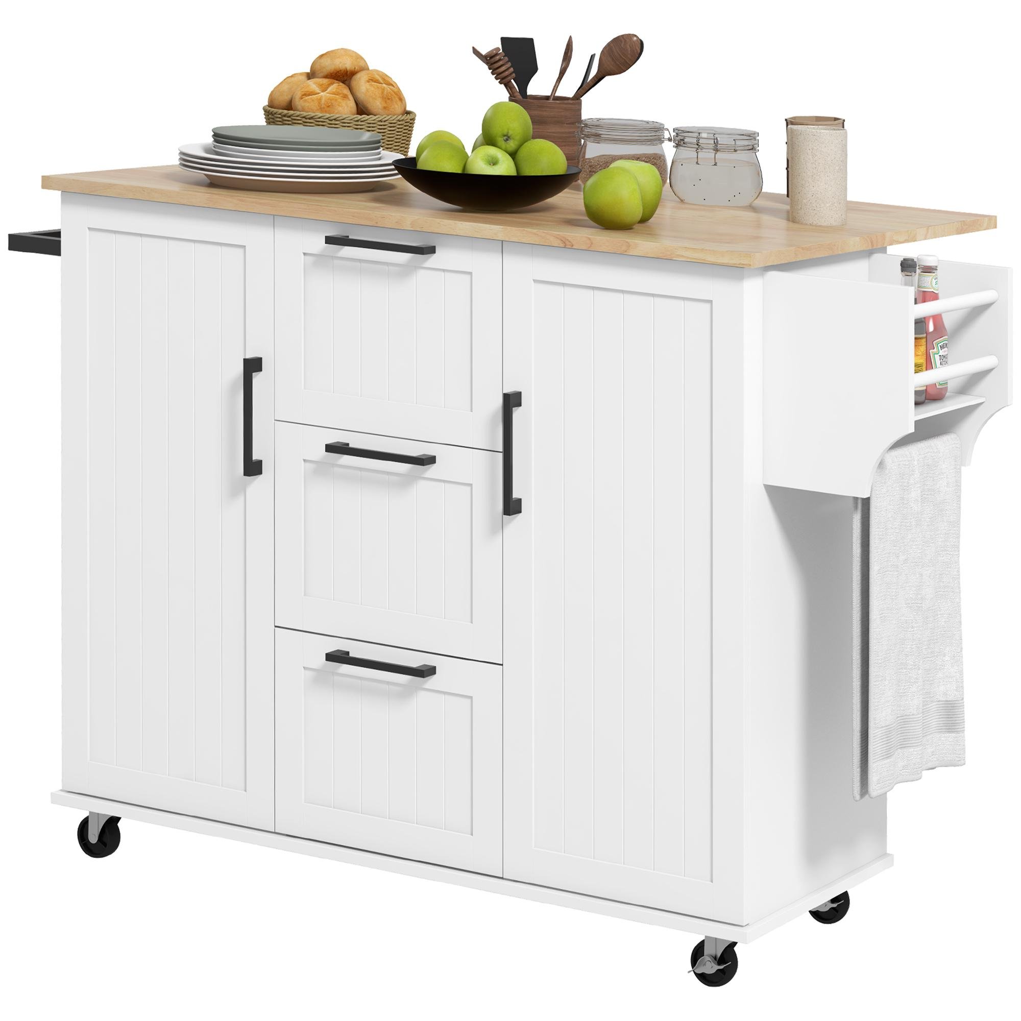 White 52 Inch Drop Leaf Kitchen Cart with Storage