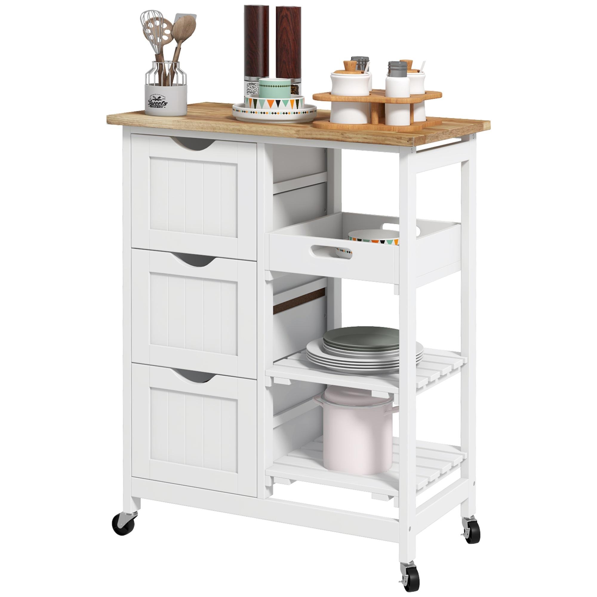 White Kitchen Cart with Drawers, Wood Top, 26.4 in