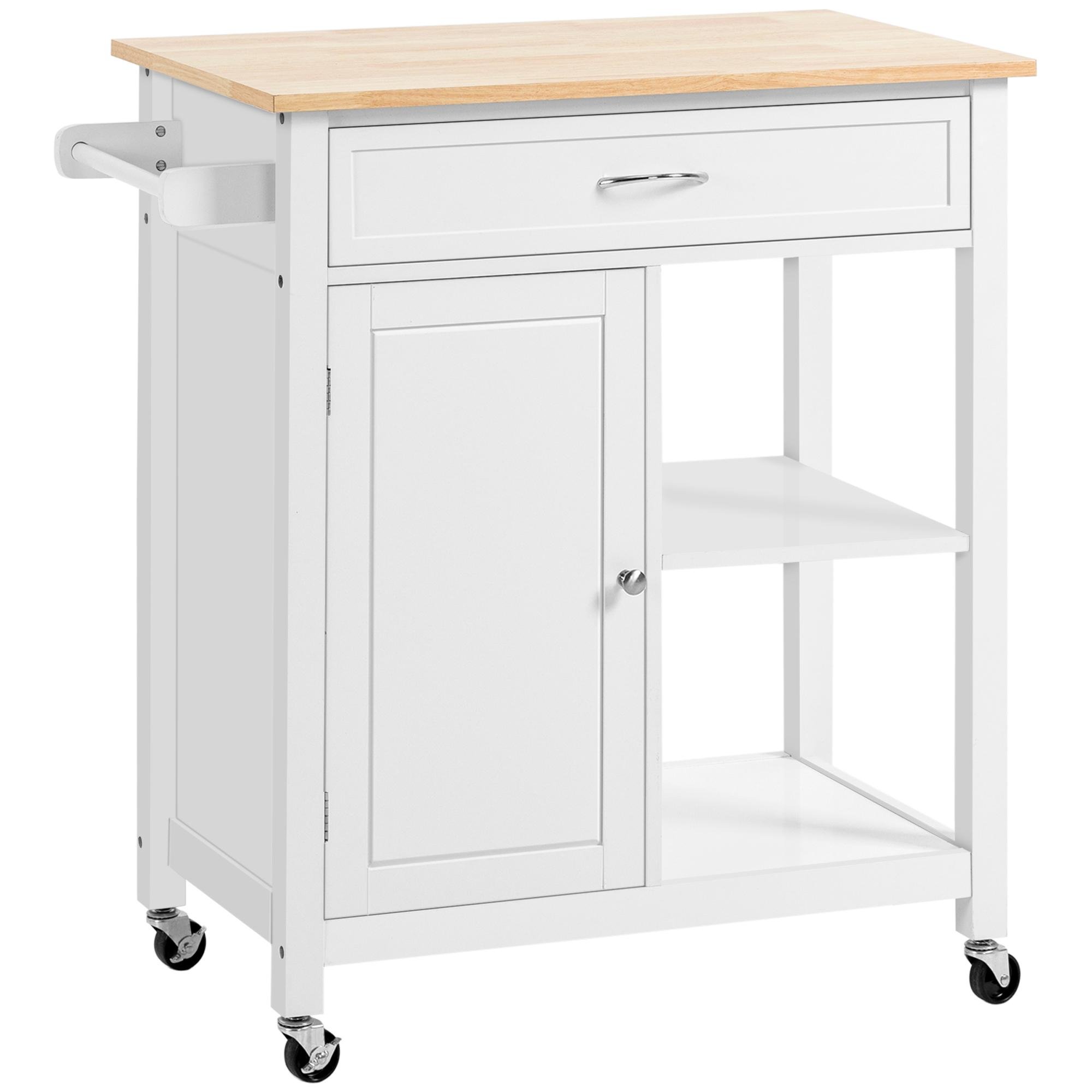 White Kitchen Cart Wood Top with Adjustable Shelving
