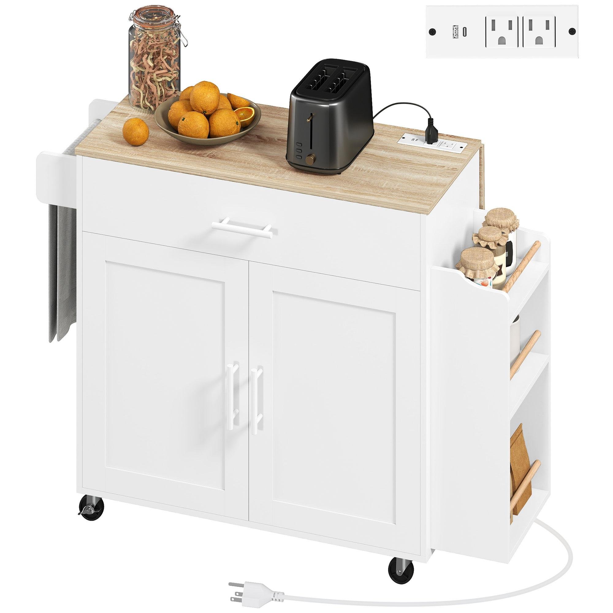 White Natural Top Kitchen Island with Drop Leaf