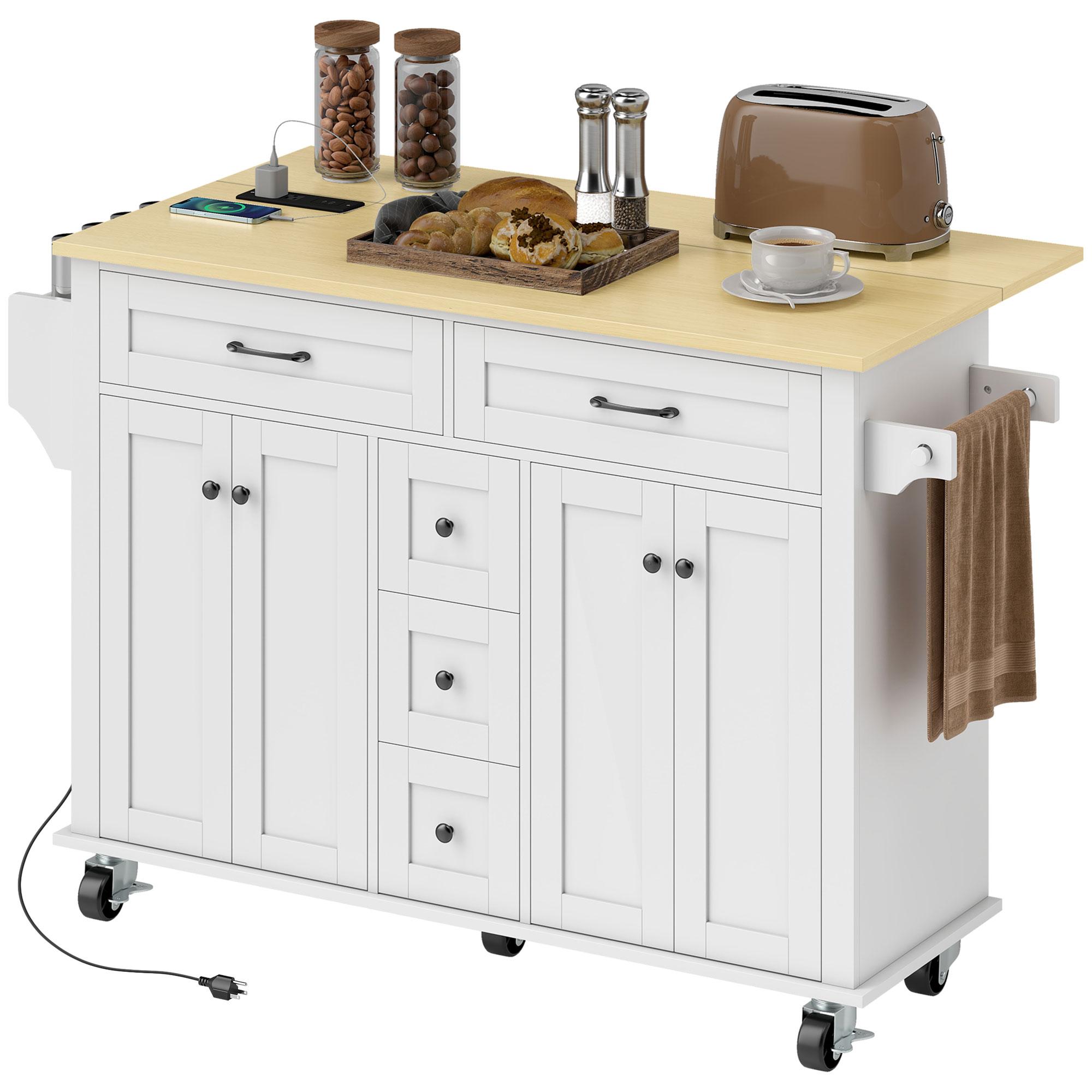 White 55 Inch Charging Island with Drop Leaf
