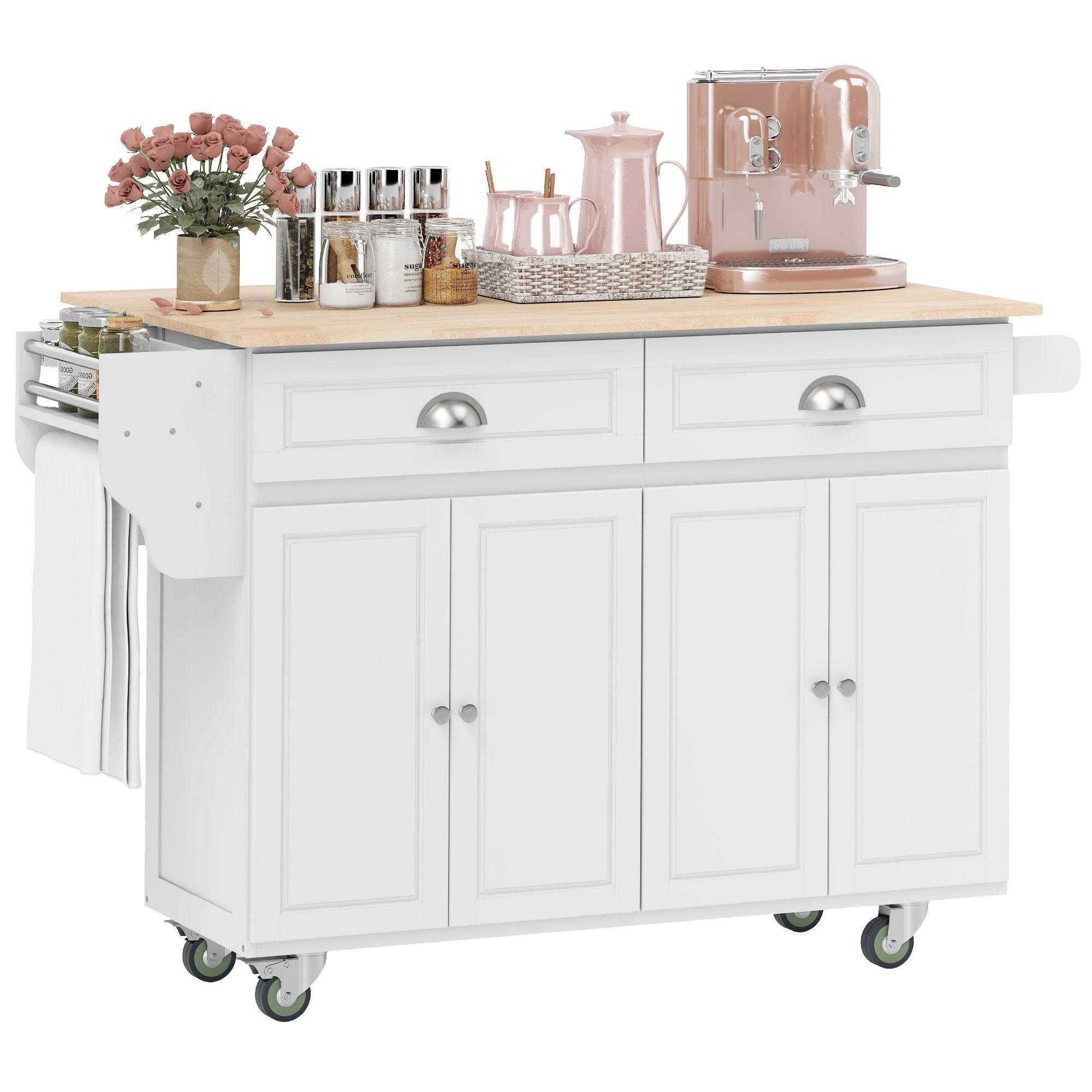 White Drop Leaf Storage Cart with Rubberwood Top