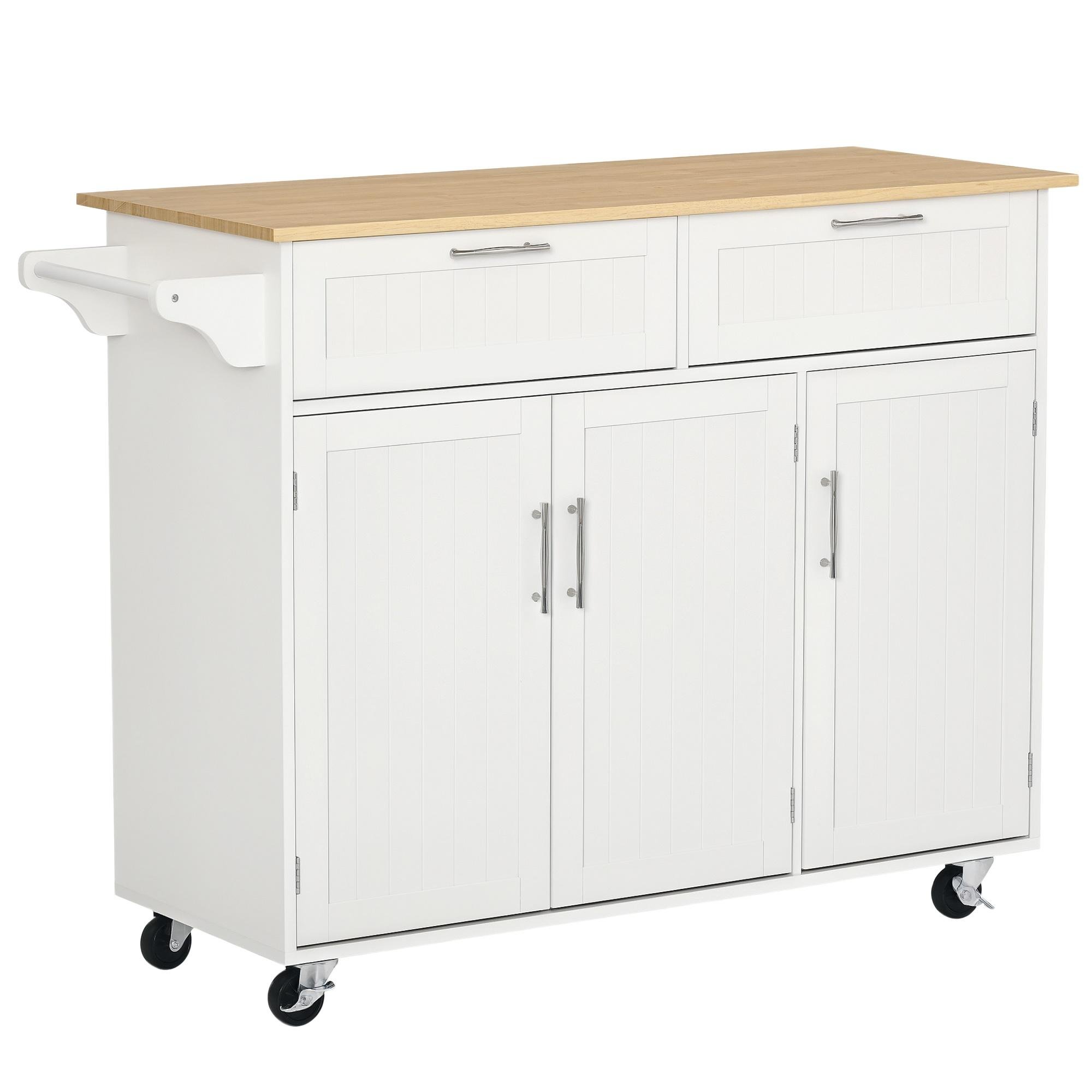 White Rolling Kitchen Island with Rubberwood Top