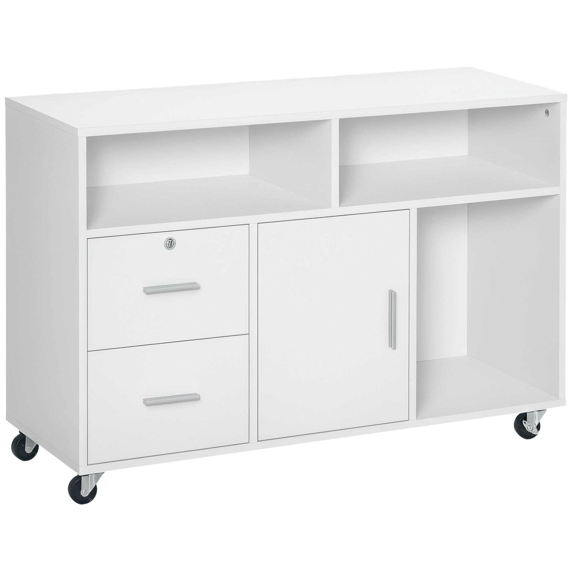 White Rolling Printer Cabinet with Lockable Drawer