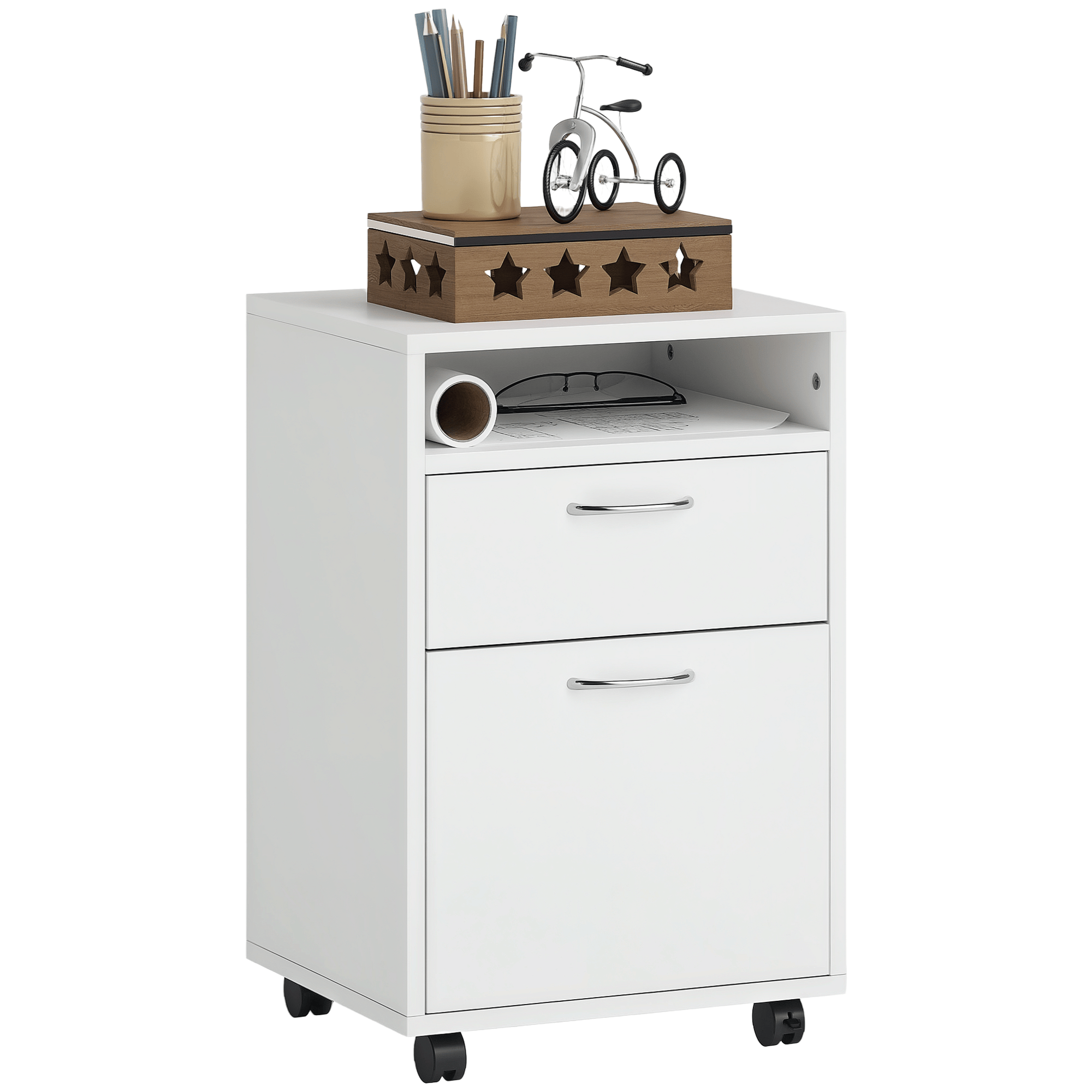 White Rolling Storage Cabinet with Open Shelf and Drawer