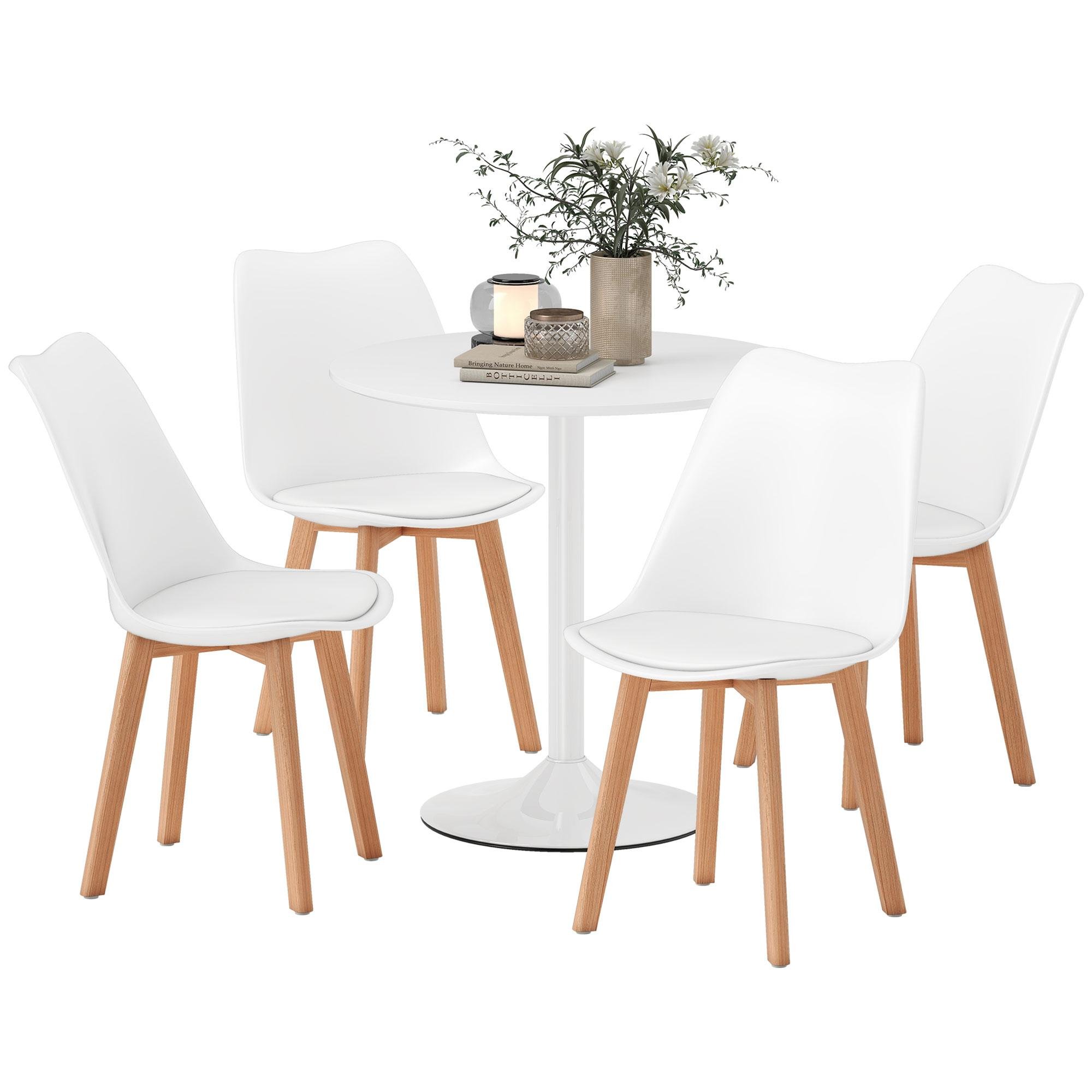 White Round Pedestal Dining Set with Four PU-Padded Seats