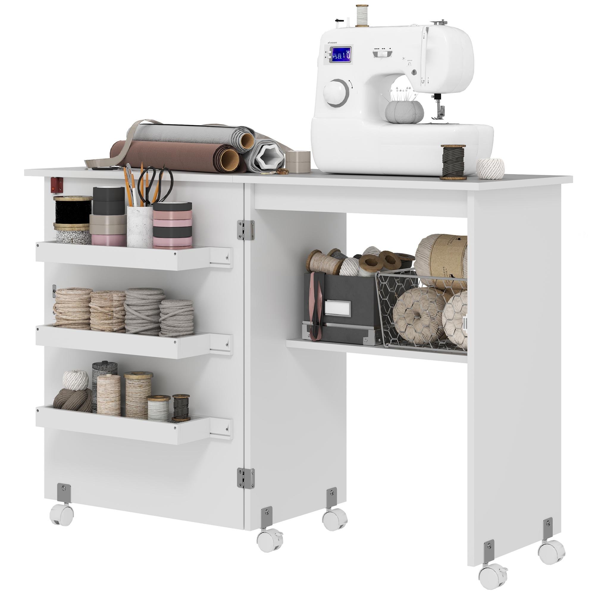 White Engineered Wood Sewing Cabinet with Storage